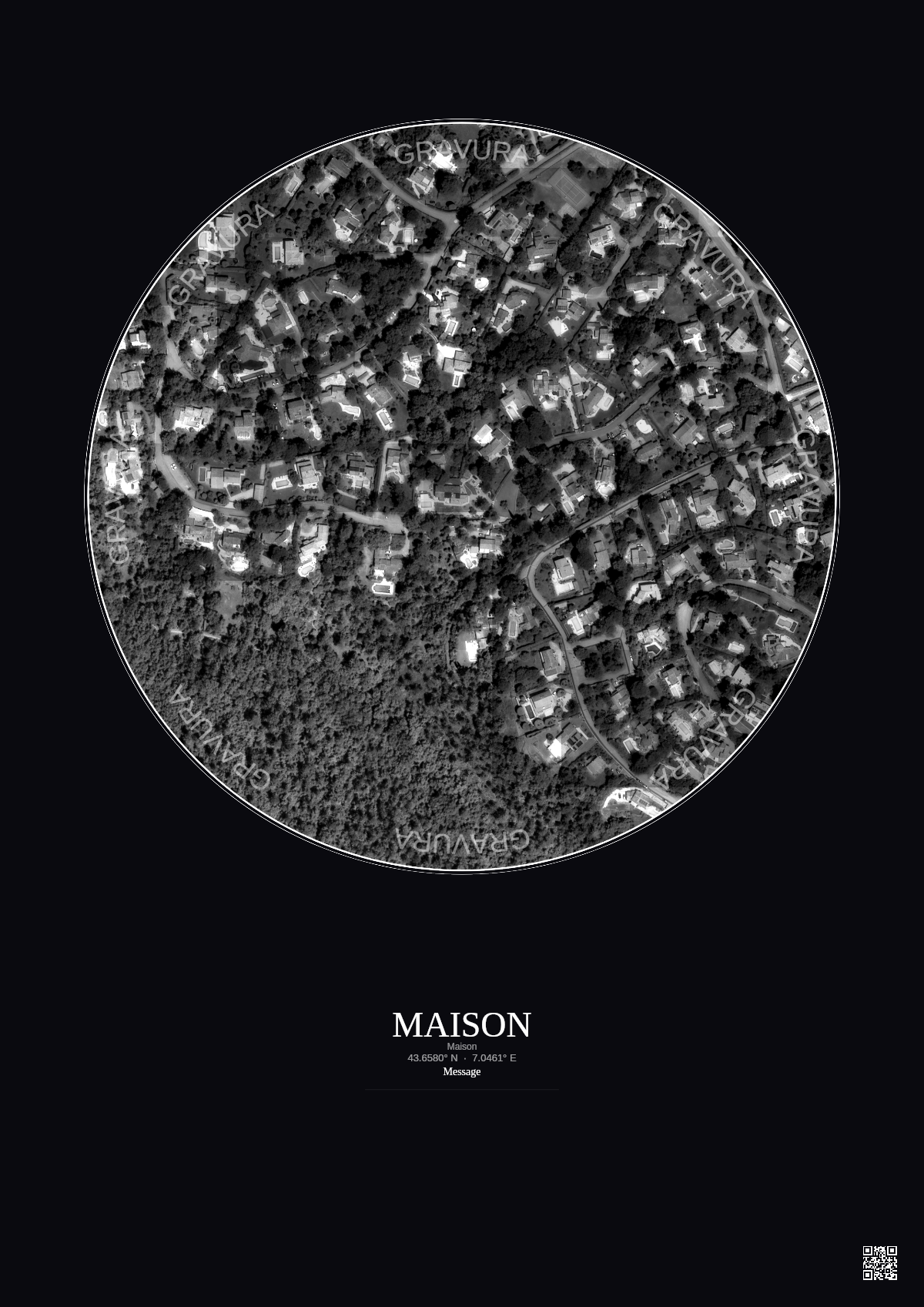 Affiche personnalisée Maison — Satellite 0.3 km · N&B · Fond foncé | Gravura