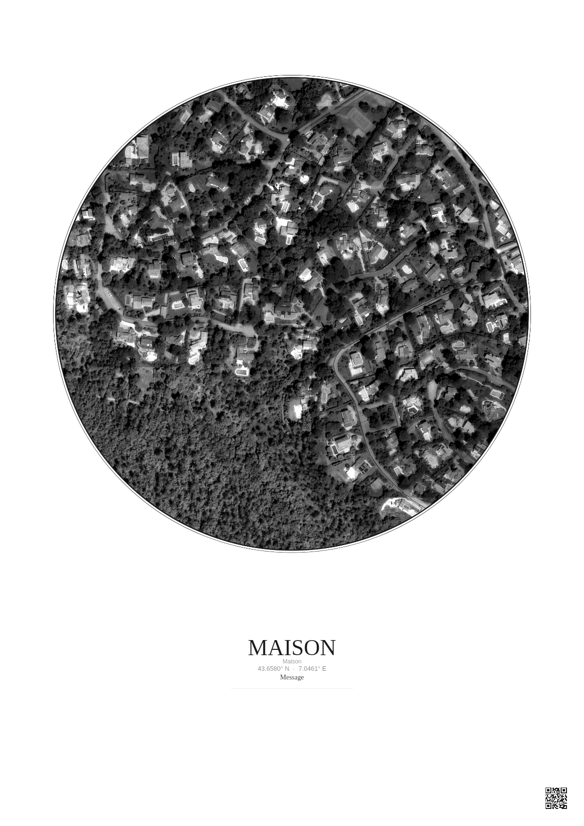 Affiche personnalisée Maison — Satellite 0.3 km · N&B · Fond clair | Gravura
