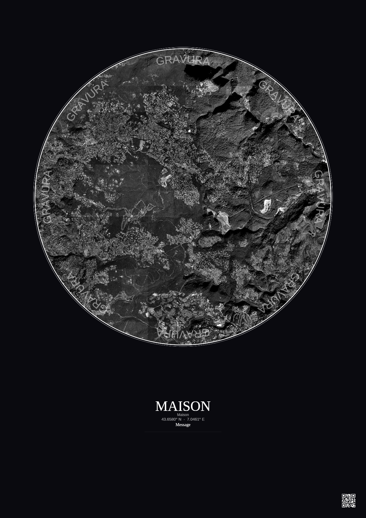 Affiche personnalisée Maison — Satellite 5 km · N&B · Fond foncé | Gravura