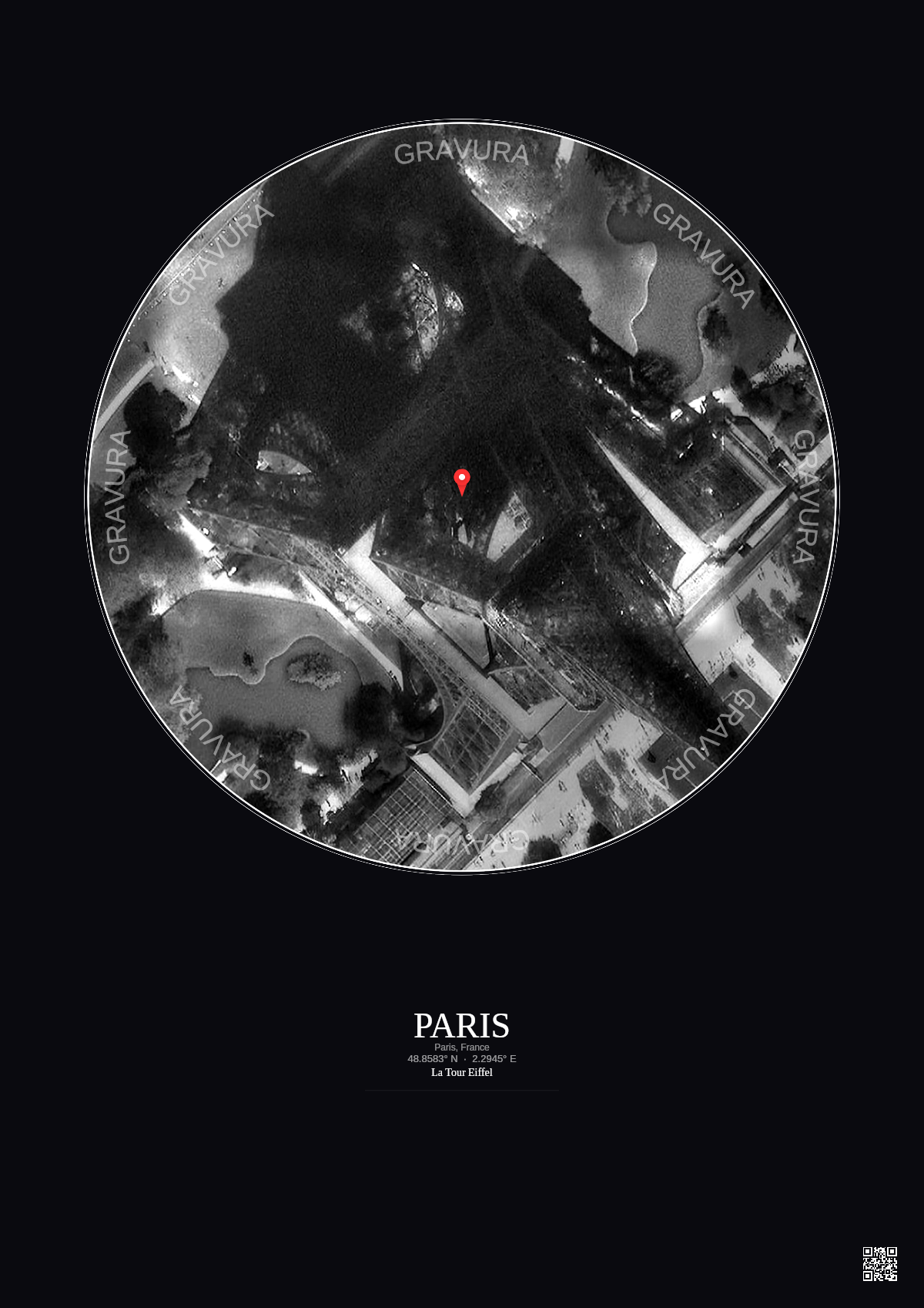 Affiche personnalisée Paris, France — Satellite 0.1 km · N&B · Fond foncé | Gravura
