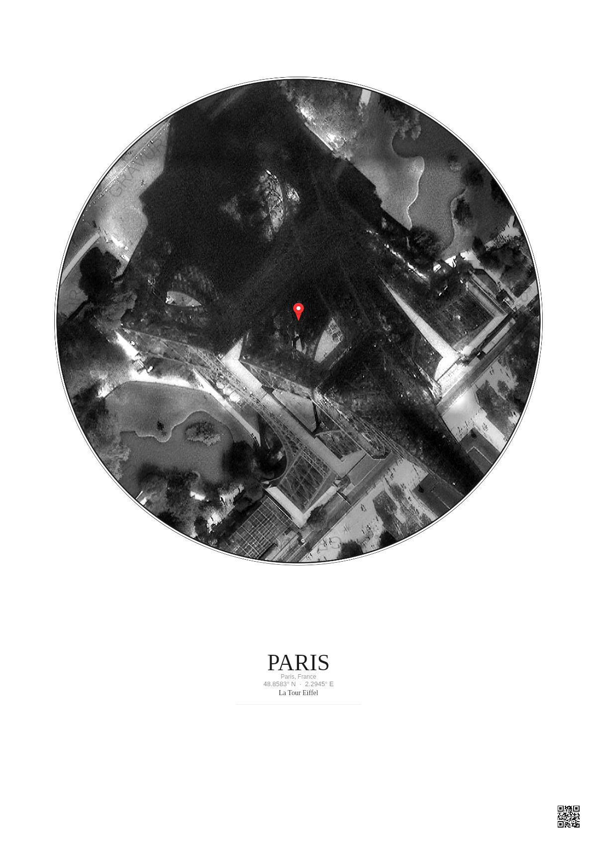 Affiche personnalisée Paris, France — Satellite 0.1 km · N&B · Fond clair | Gravura