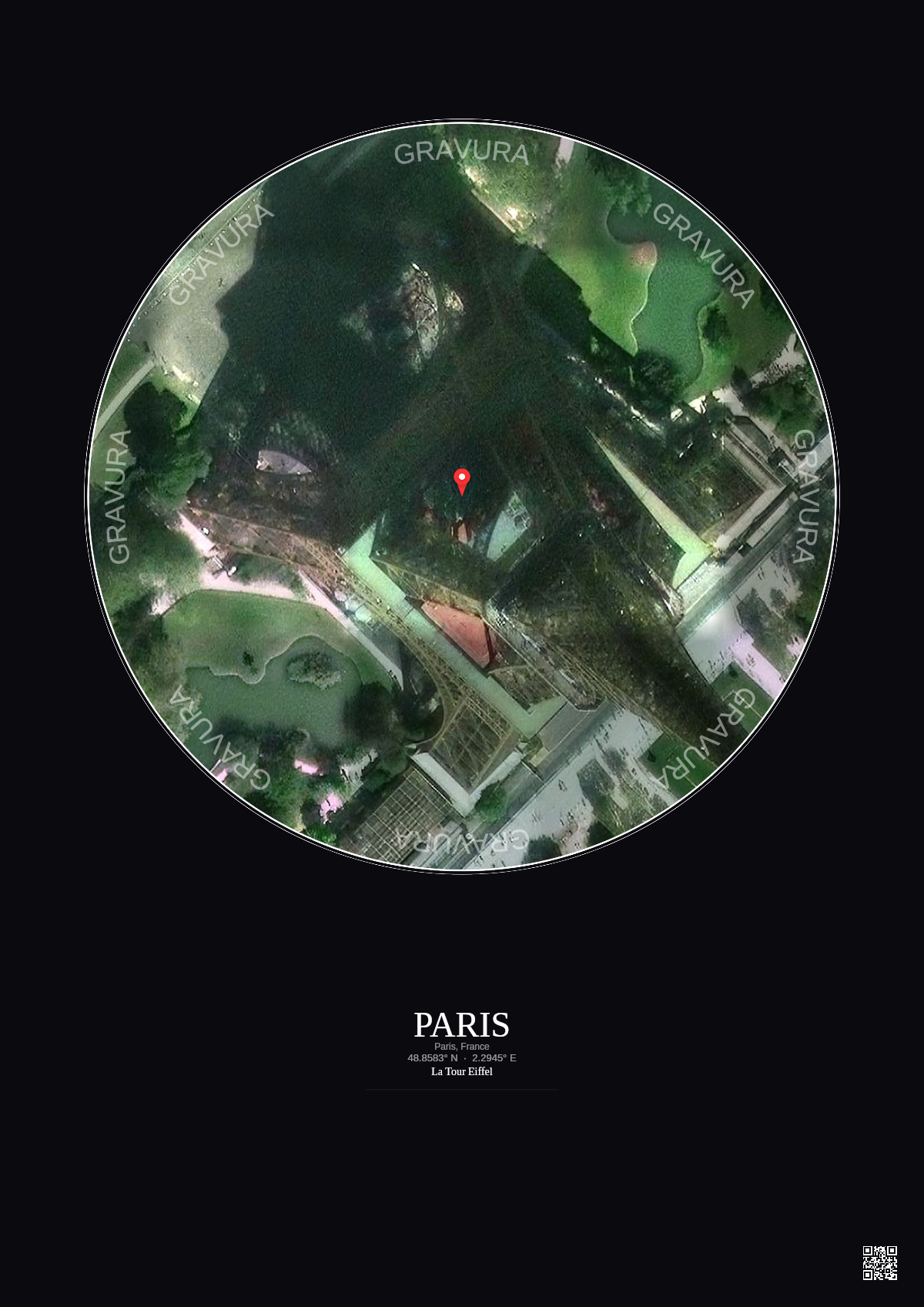 Affiche personnalisée Paris, France — Satellite 0.1 km · Couleur · Fond foncé | Gravura