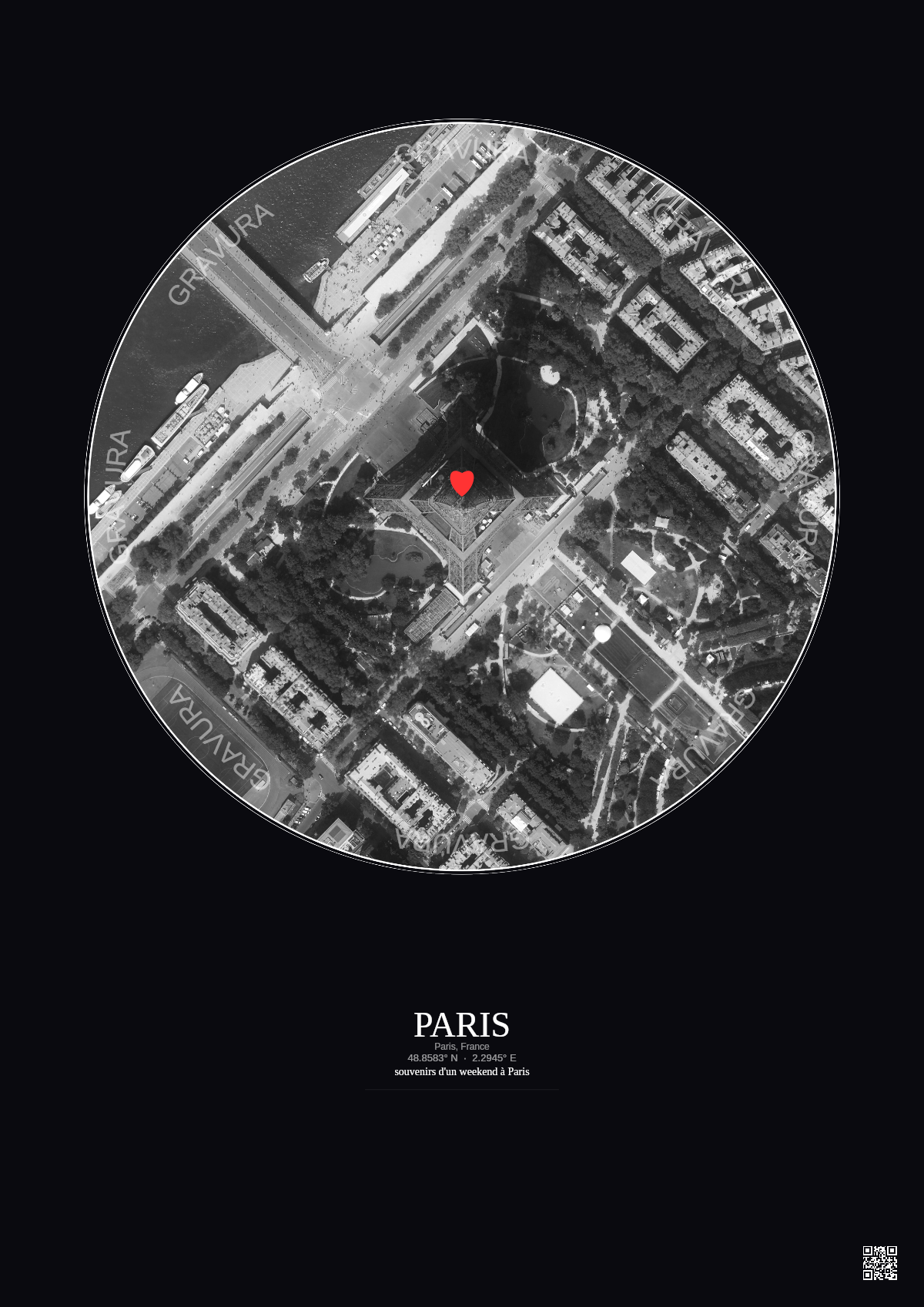 Affiche personnalisée Paris, France — Satellite 0.3 km · N&B · Fond foncé | Gravura