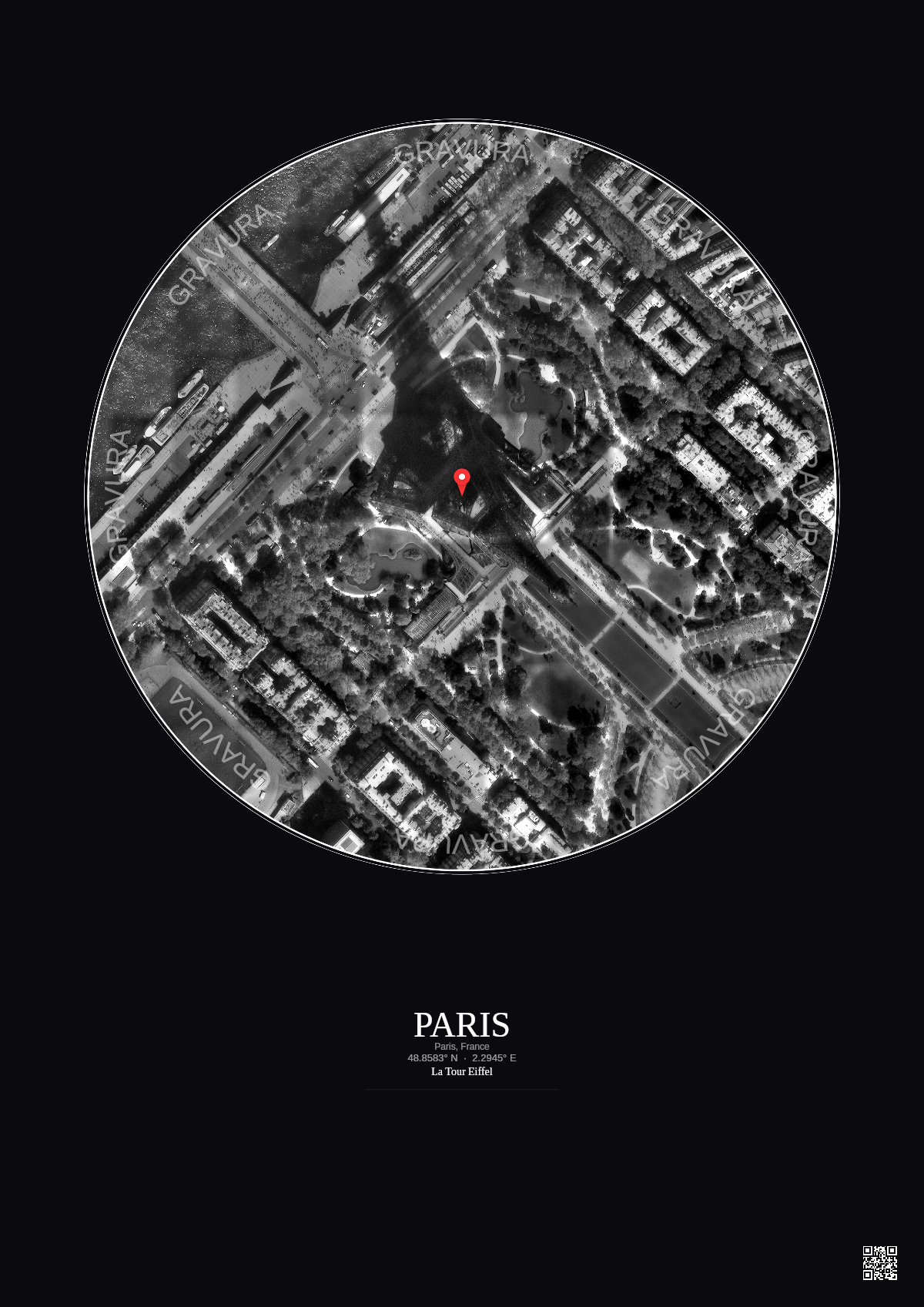 Affiche personnalisée Paris, France — Satellite 0.3 km · N&B · Fond foncé | Gravura