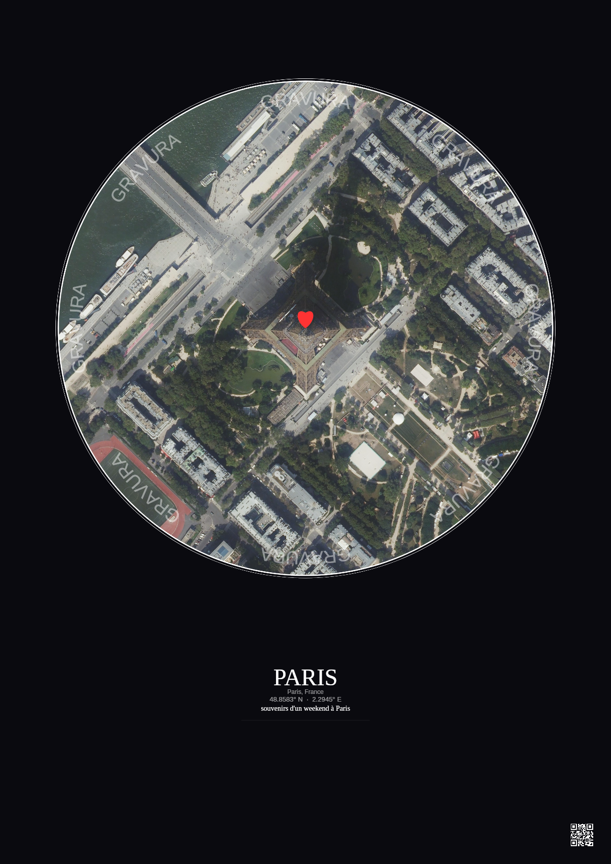 Affiche personnalisée Paris, France — Satellite 0.3 km · Couleur · Fond foncé | Gravura