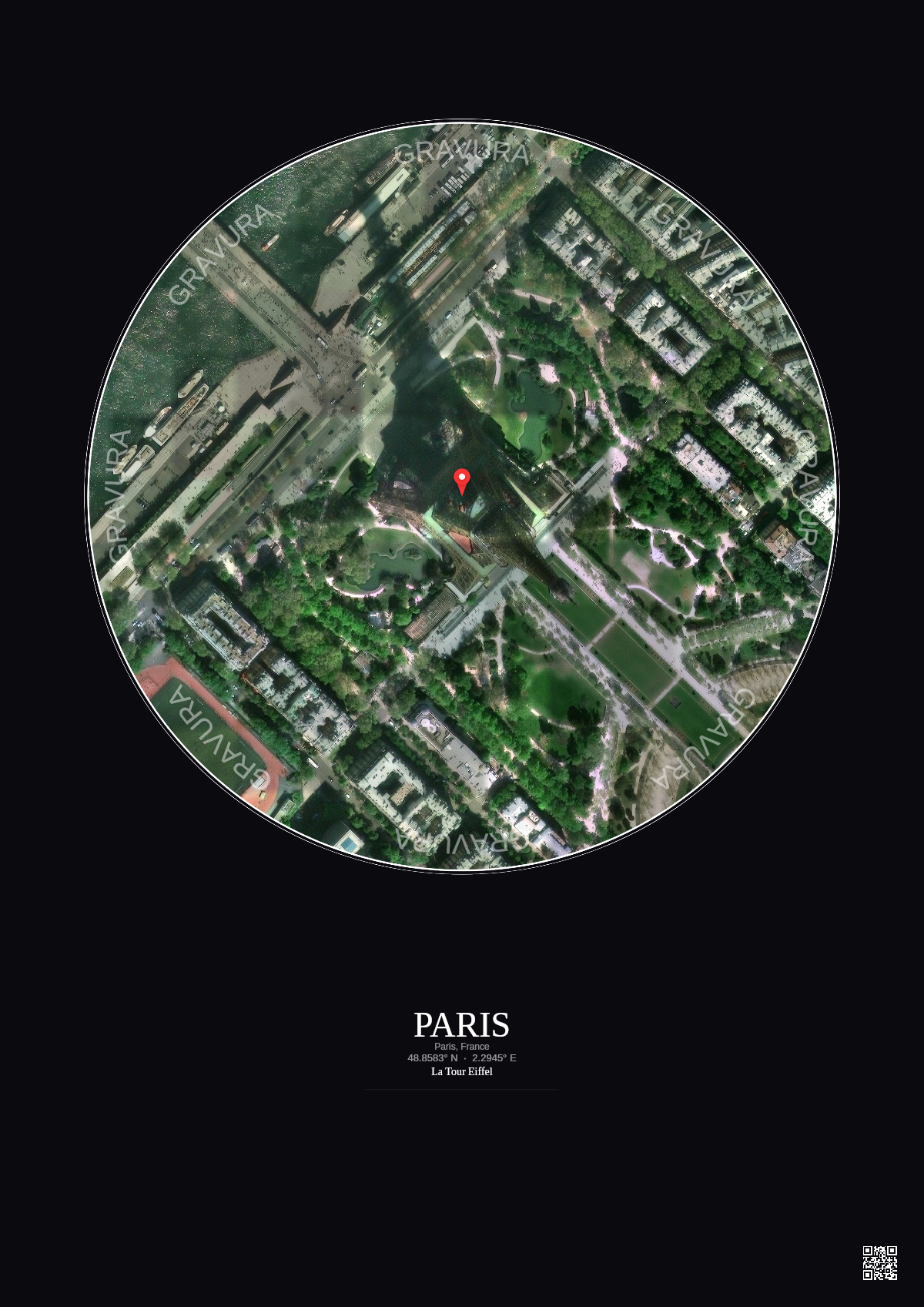 Affiche personnalisée Paris, France — Satellite 0.3 km · Couleur · Fond foncé | Gravura