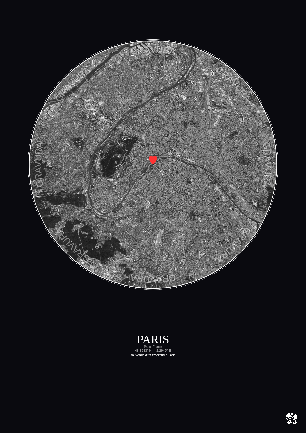 Affiche personnalisée Paris, France — Satellite 10 km · N&B · Fond foncé | Gravura