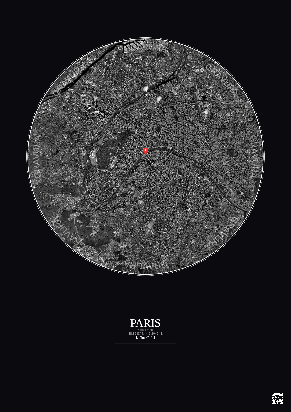 Affiche personnalisée Paris, France — Satellite 10 km · N&B · Fond foncé | Gravura