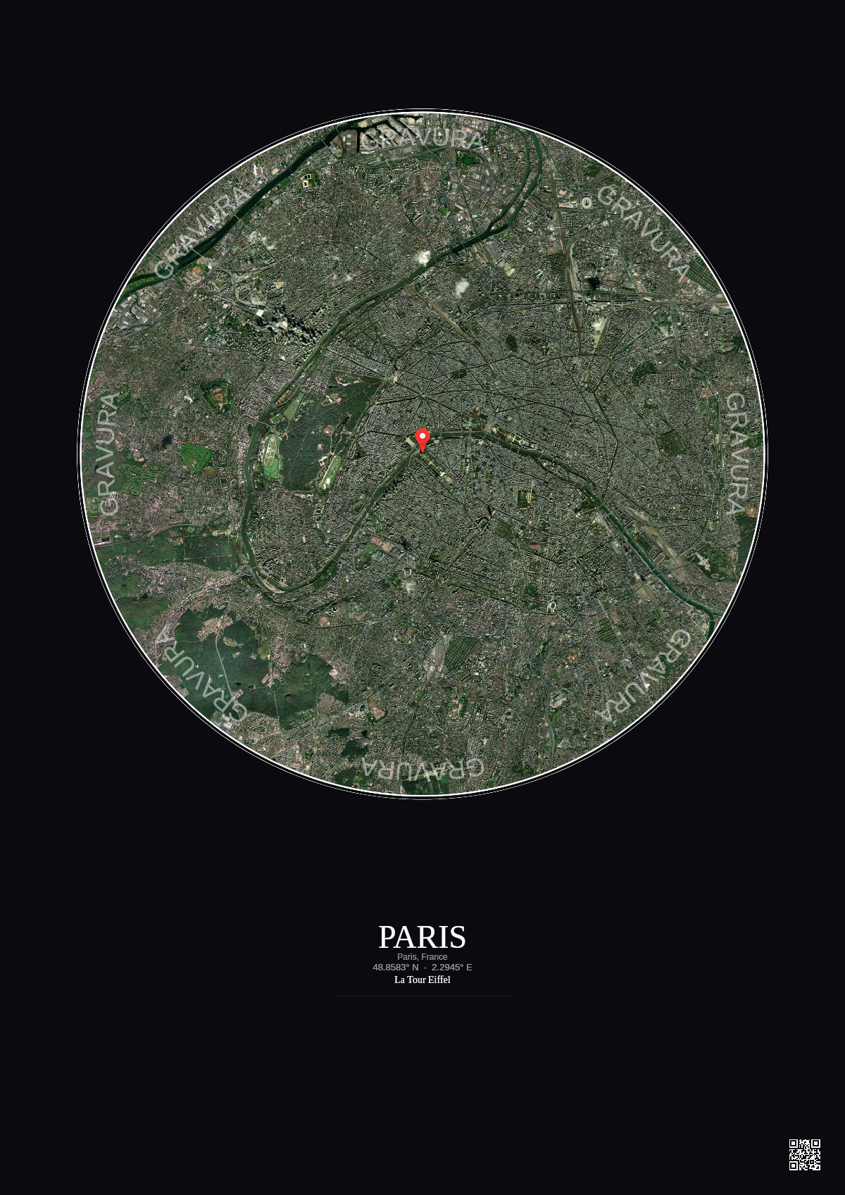 Affiche personnalisée Paris, France — Satellite 10 km · Couleur · Fond foncé | Gravura