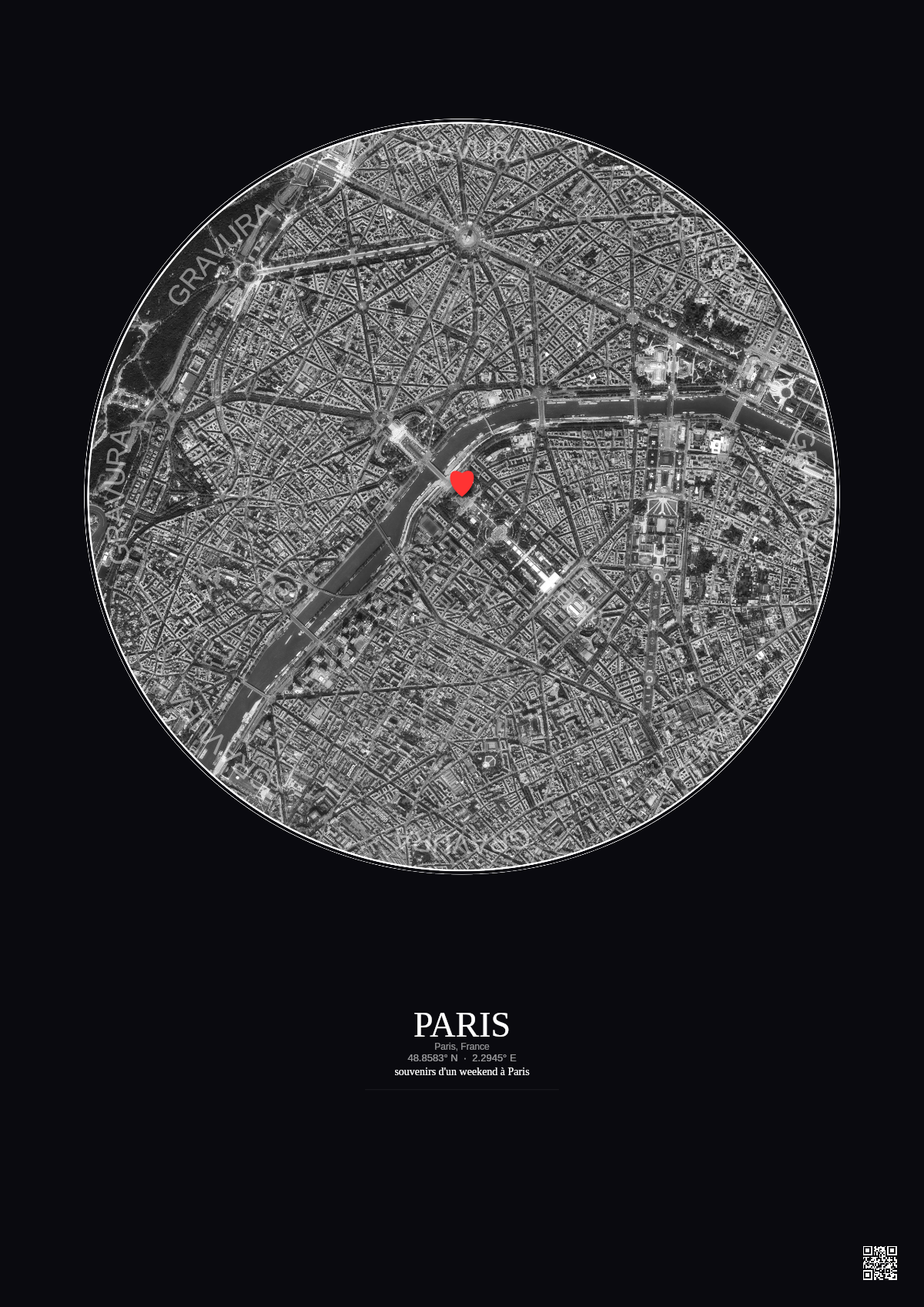 Affiche personnalisée Paris, France — Satellite 2.5 km · N&B · Fond foncé | Gravura