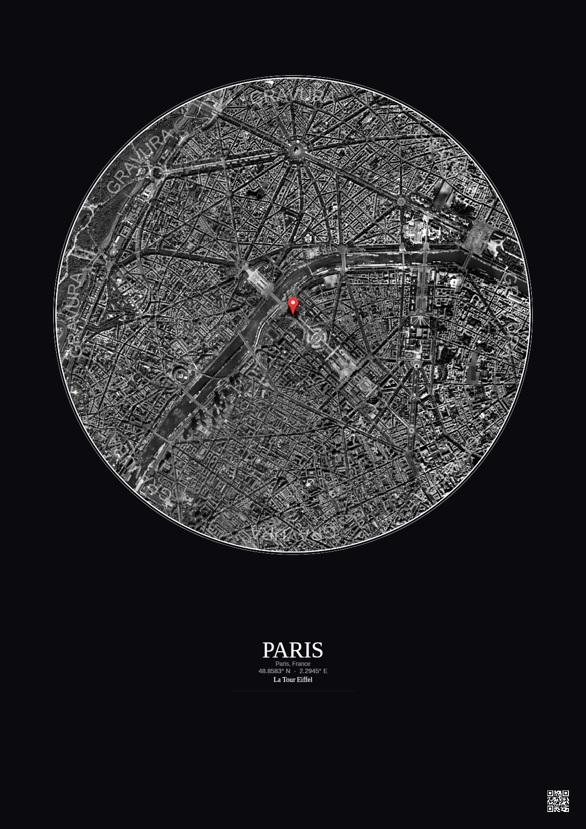 Affiche personnalisée Paris, France — Satellite 2.5 km · N&B · Fond foncé | Gravura