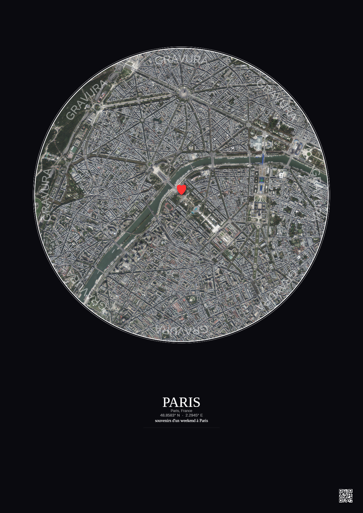 Affiche personnalisée Paris, France — Satellite 2.5 km · Couleur · Fond foncé | Gravura
