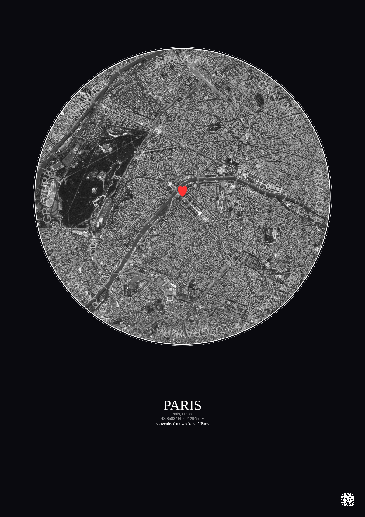 Affiche personnalisée Paris, France — Satellite 5 km · N&B · Fond foncé | Gravura