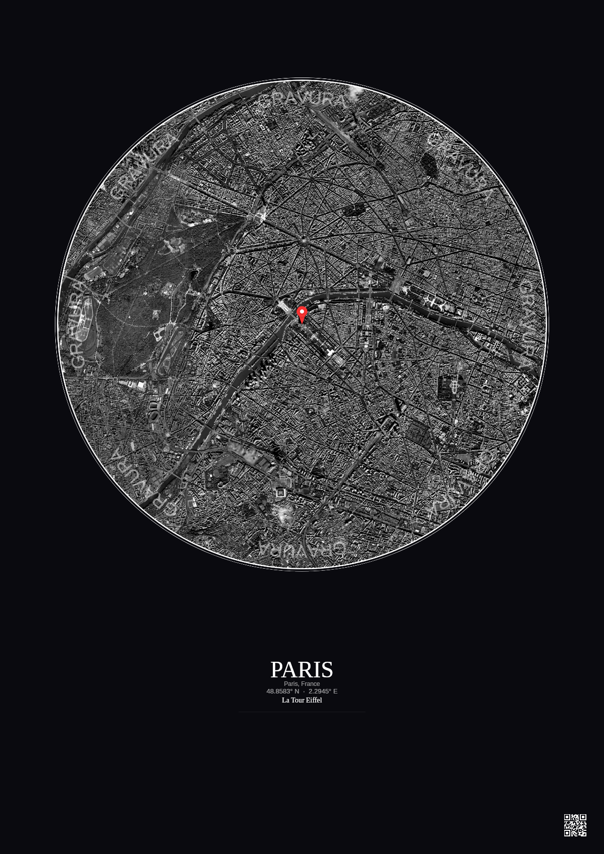 Affiche personnalisée Paris, France — Satellite 5 km · N&B · Fond foncé | Gravura