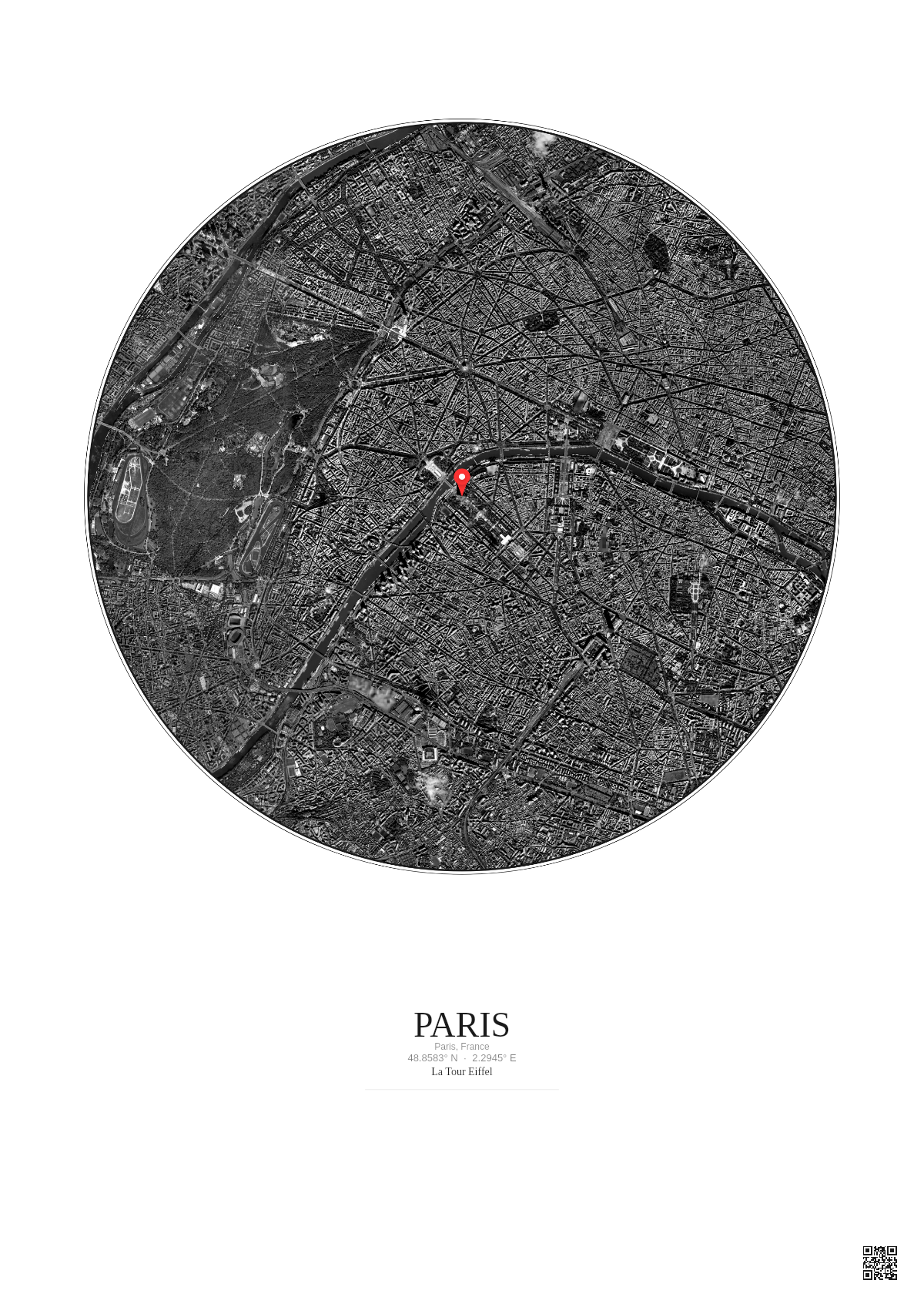 Affiche personnalisée Paris, France — Satellite 5 km · N&B · Fond clair | Gravura