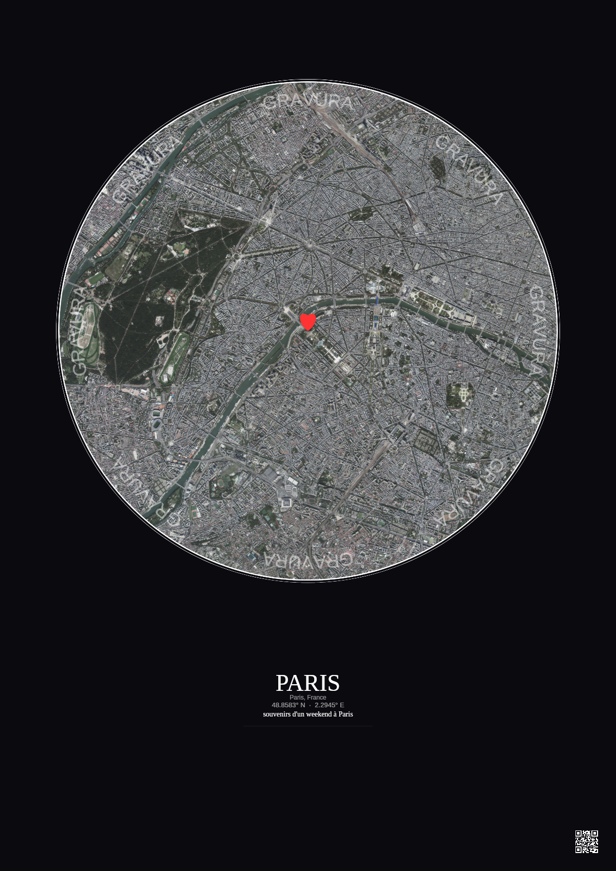Affiche personnalisée Paris, France — Satellite 5 km · Couleur · Fond foncé | Gravura