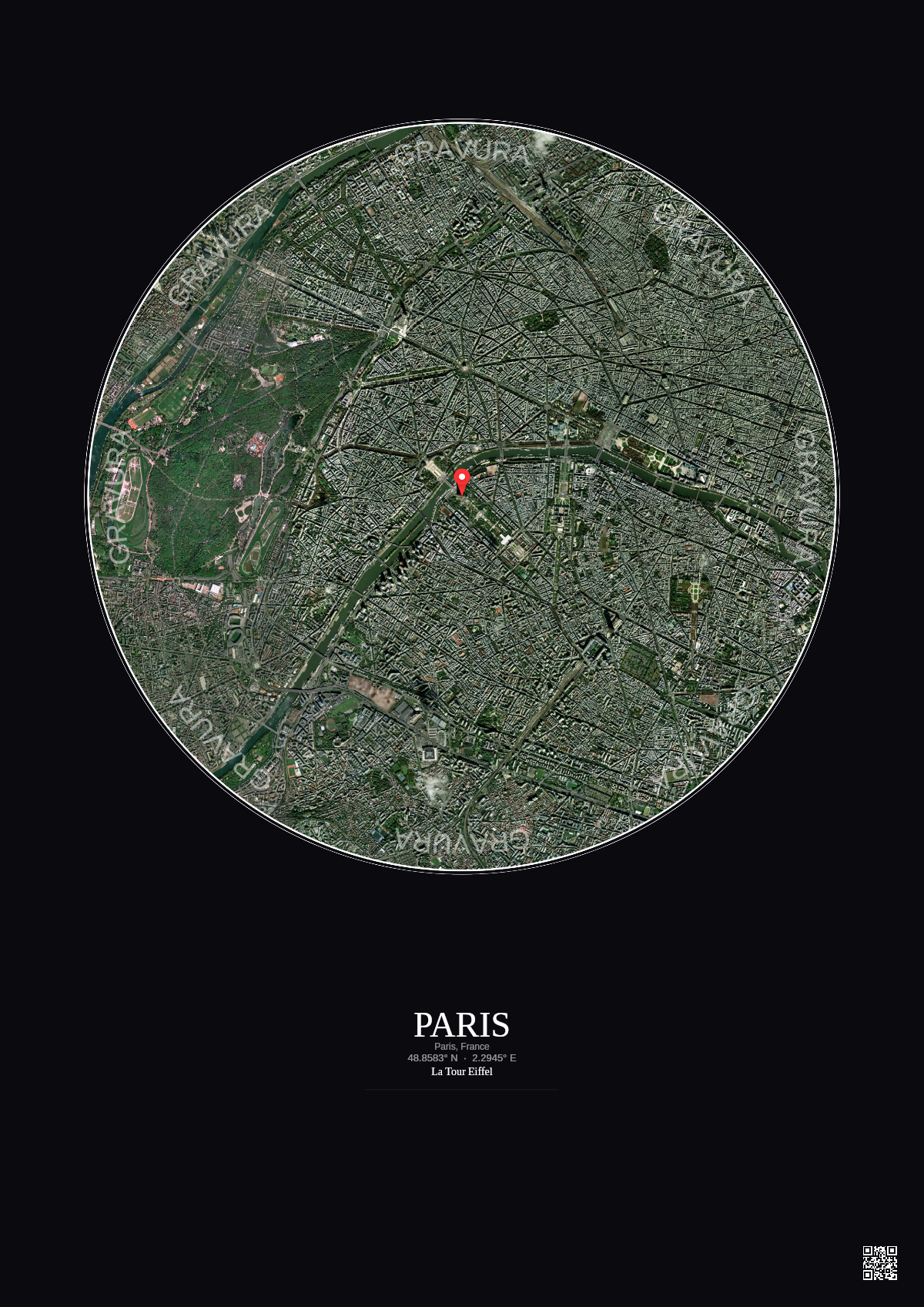 Affiche personnalisée Paris, France — Satellite 5 km · Couleur · Fond foncé | Gravura