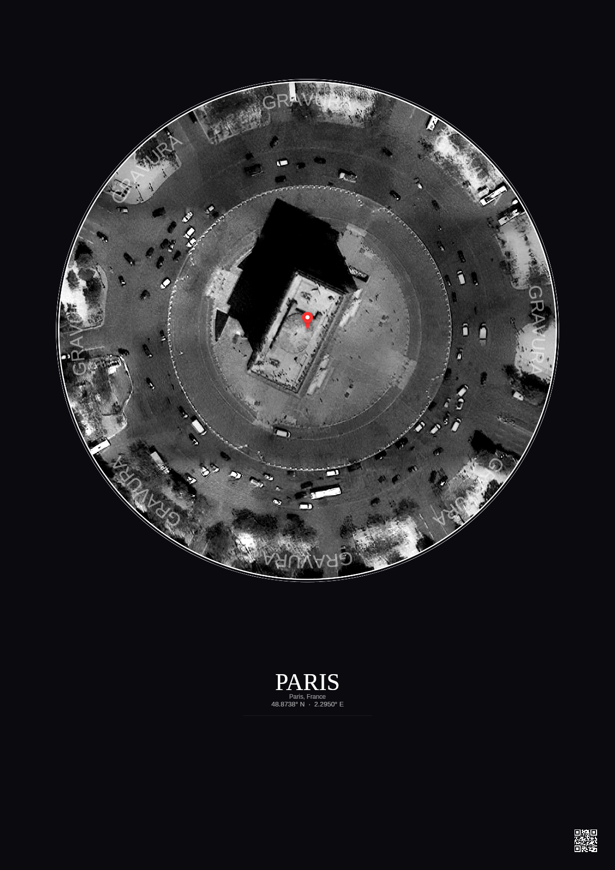 Affiche personnalisée Paris, France — Satellite 0.1 km · N&B · Fond foncé | Gravura
