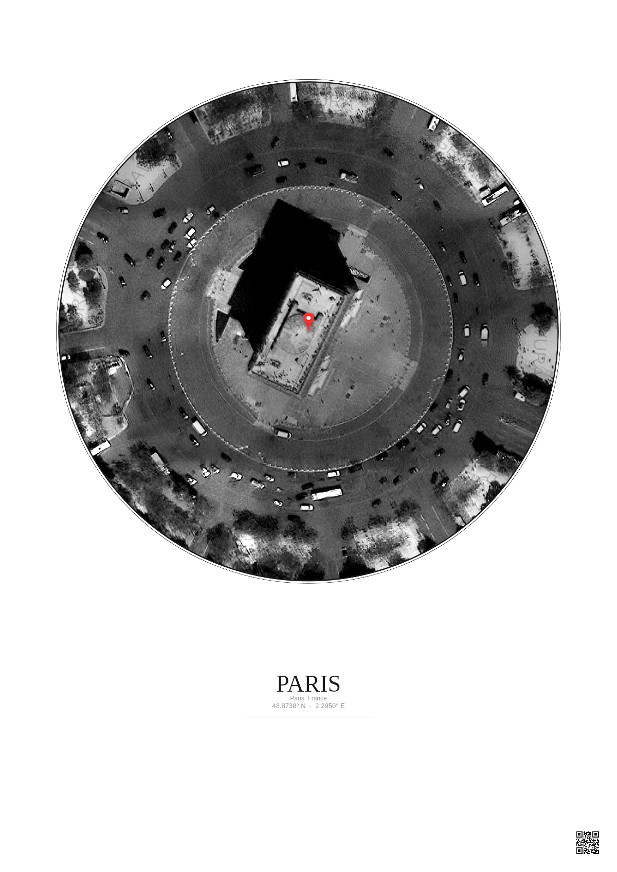 Affiche personnalisée Paris, France — Satellite 0.1 km · N&B · Fond clair | Gravura