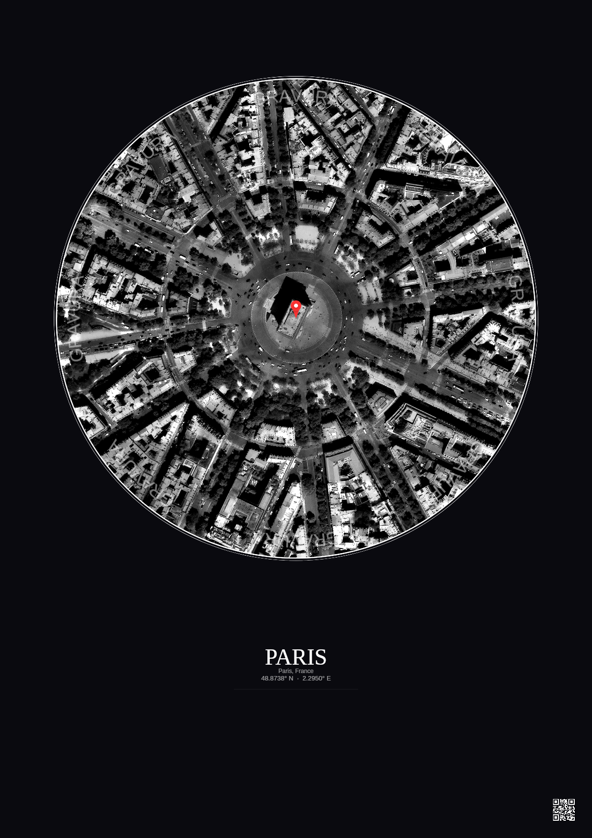Affiche personnalisée Paris, France — Satellite 0.3 km · N&B · Fond foncé | Gravura