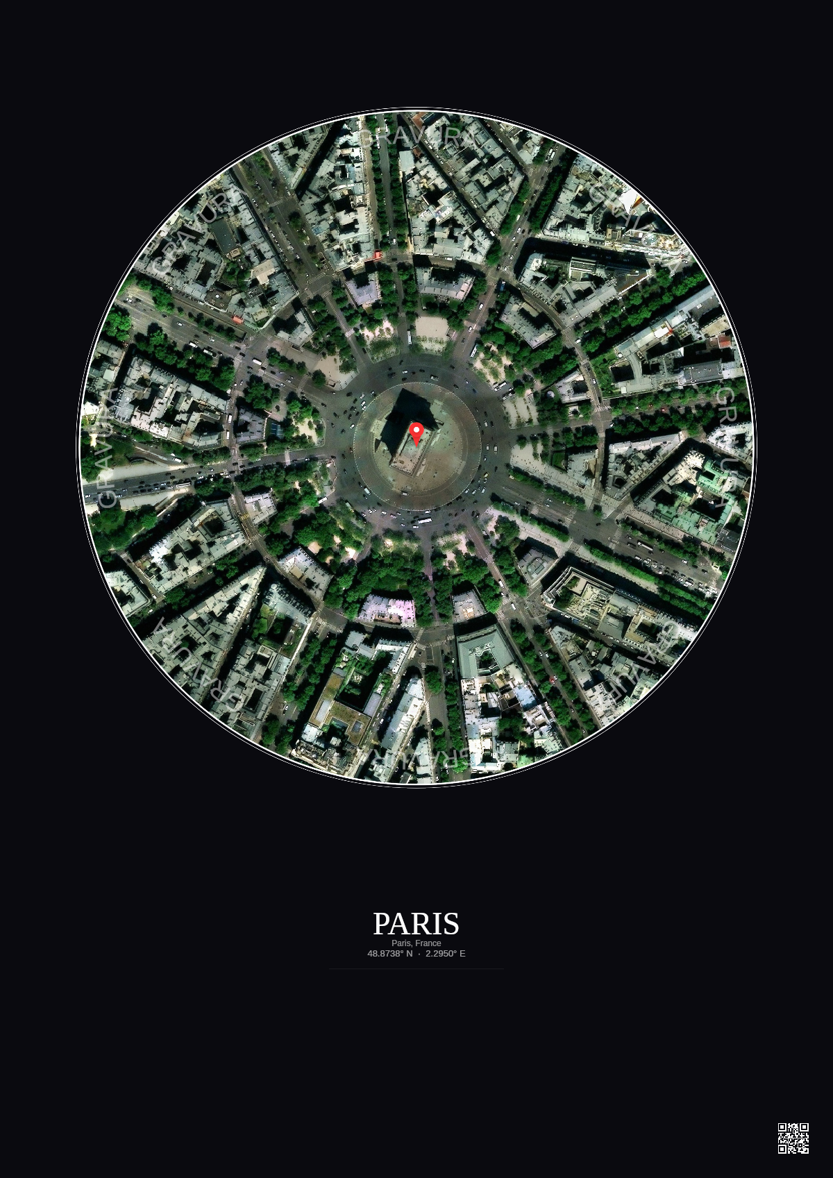 Affiche personnalisée Paris, France — Satellite 0.3 km · Couleur · Fond foncé | Gravura