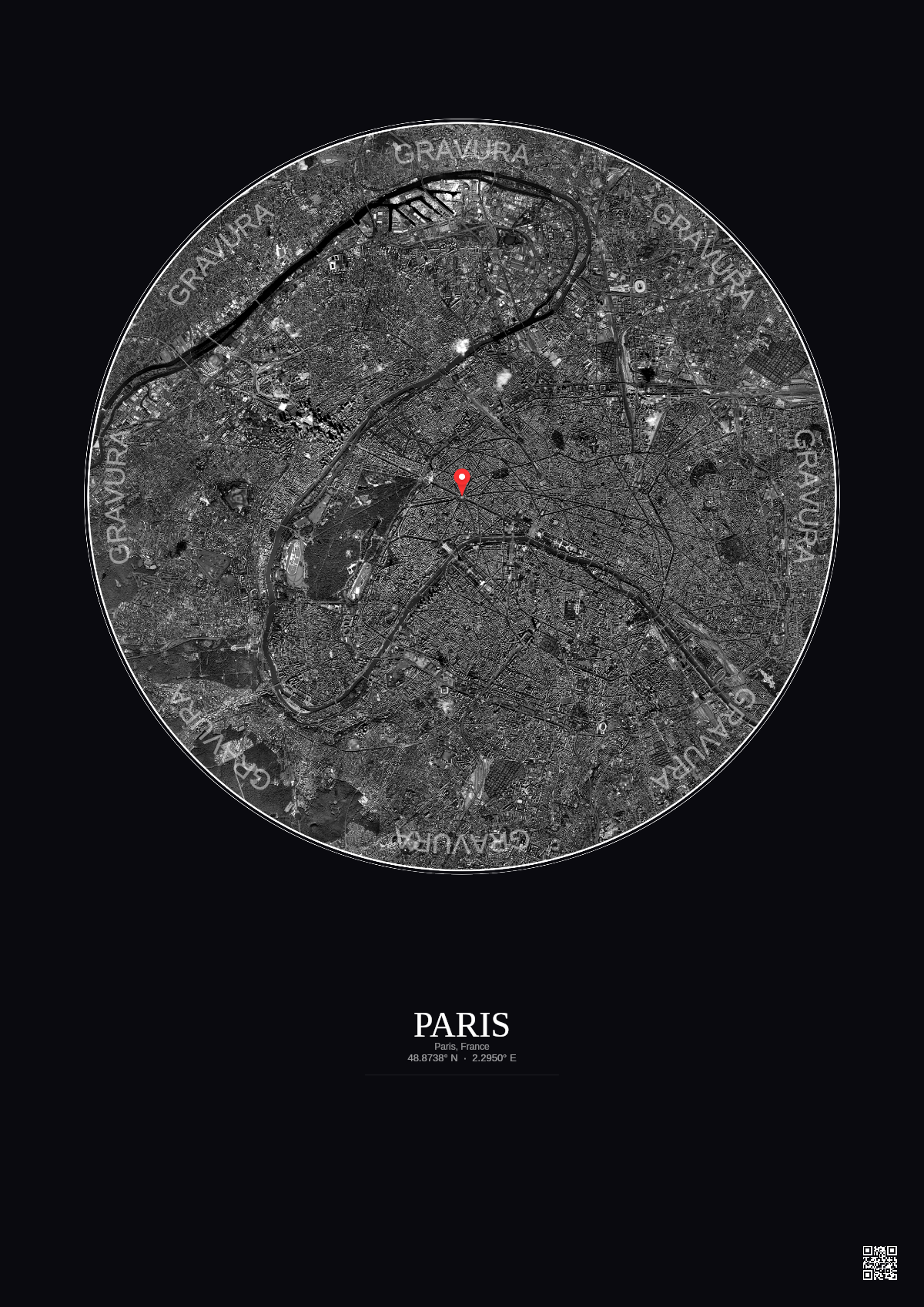 Affiche personnalisée Paris, France — Satellite 10 km · N&B · Fond foncé | Gravura