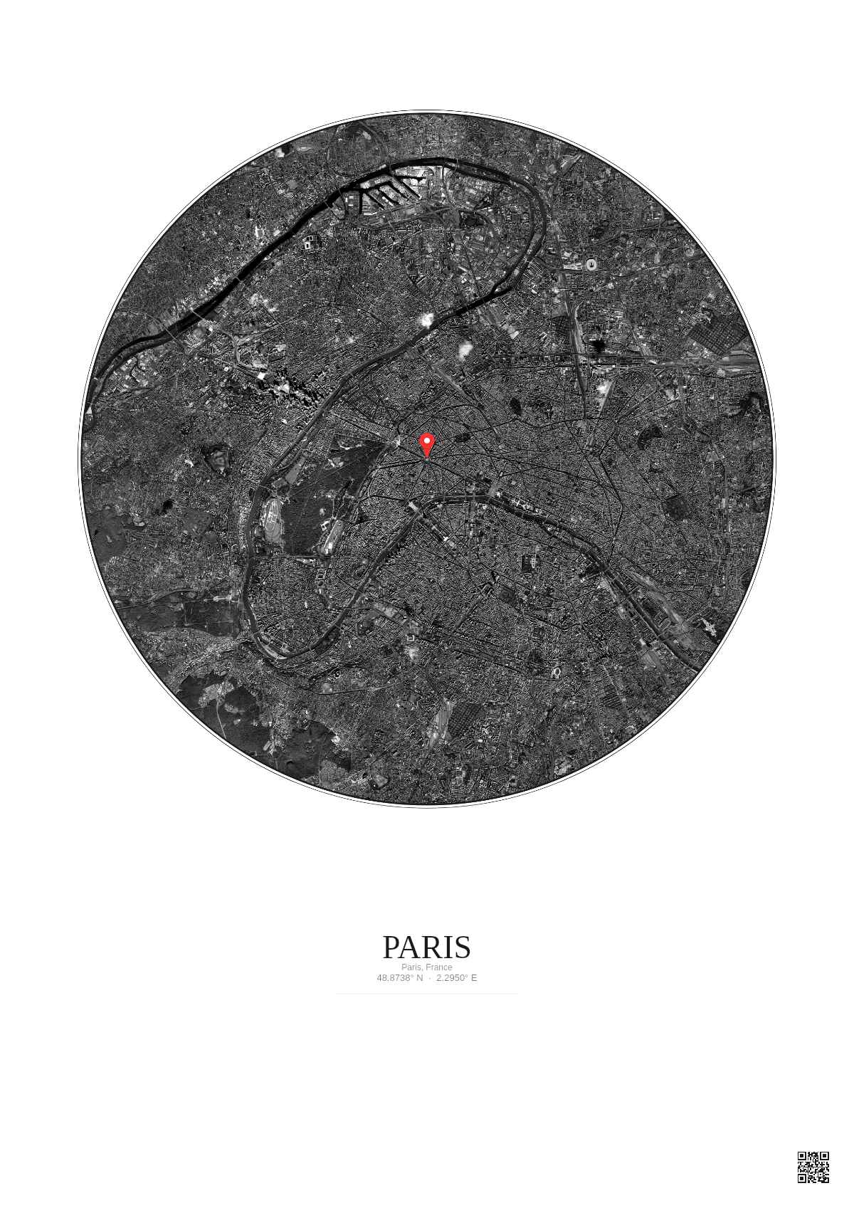 Affiche personnalisée Paris, France — Satellite 10 km · N&B · Fond clair | Gravura