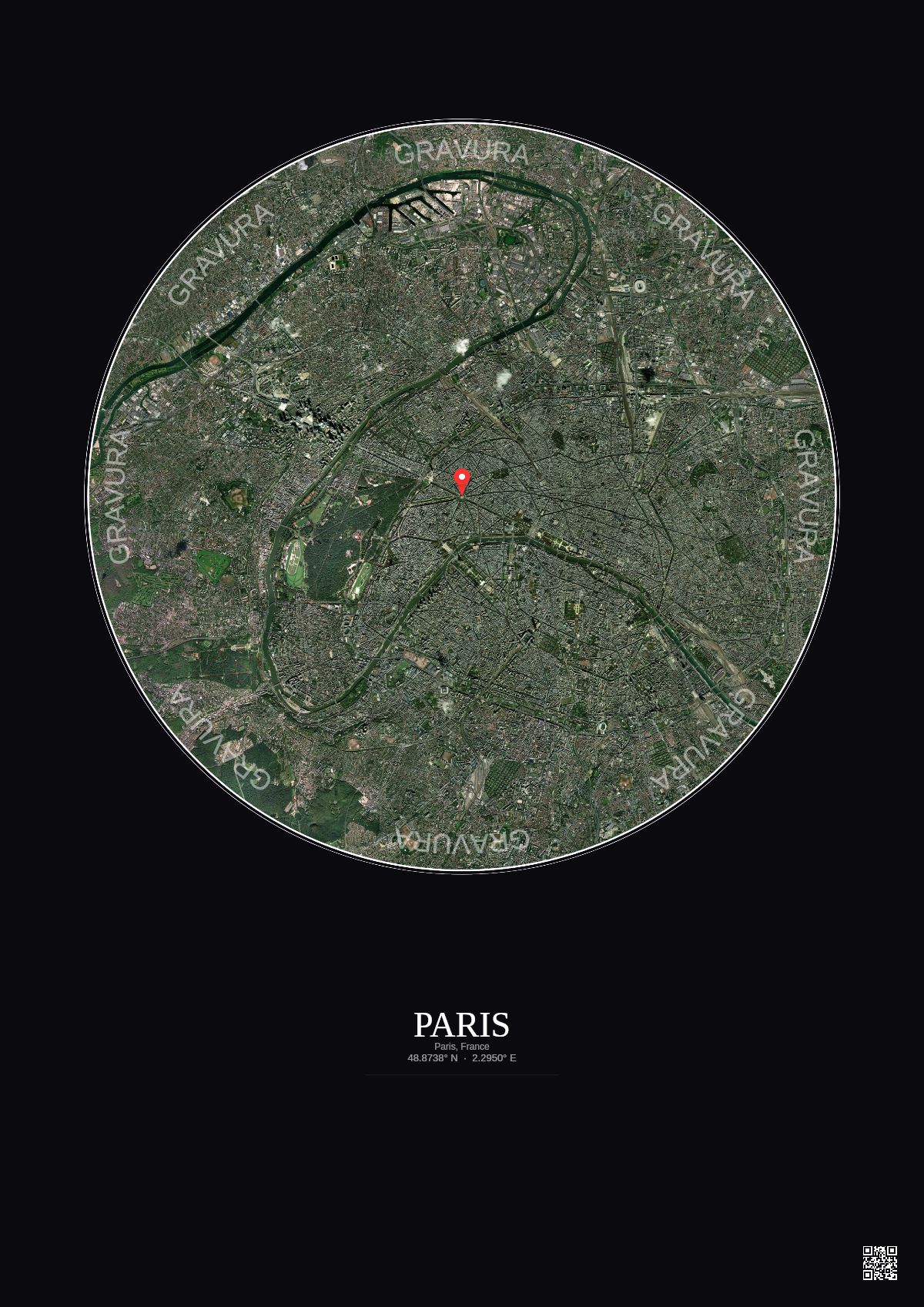 Affiche personnalisée Paris, France — Satellite 10 km · Couleur · Fond foncé | Gravura