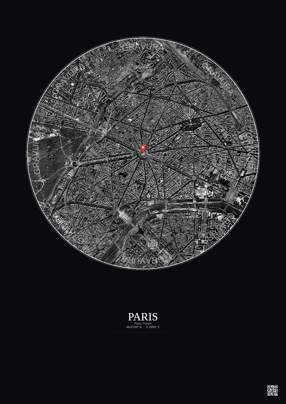Affiche personnalisée Paris, France — Satellite 2.5 km · N&B · Fond foncé | Gravura