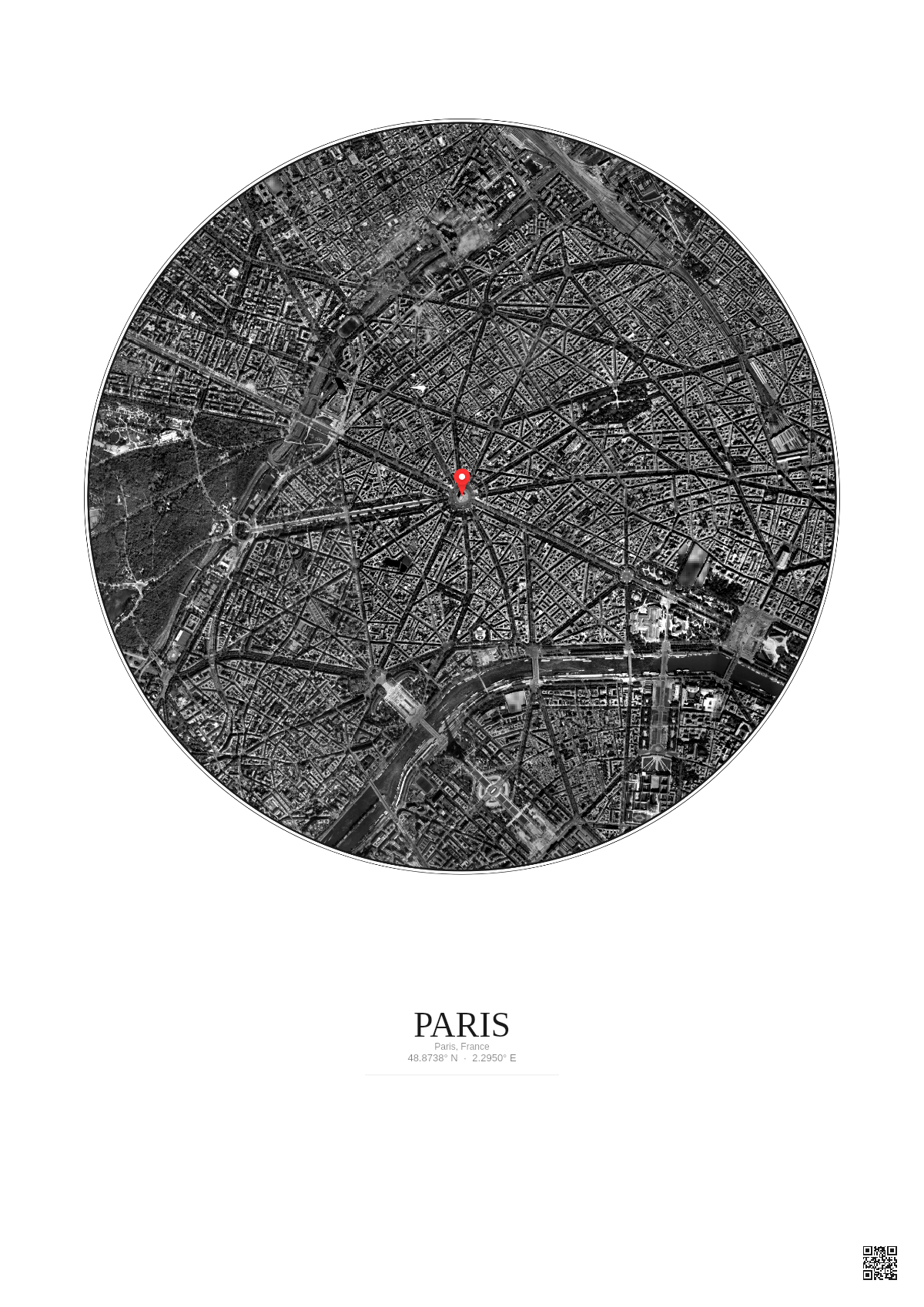 Affiche personnalisée Paris, France — Satellite 2.5 km · N&B · Fond clair | Gravura
