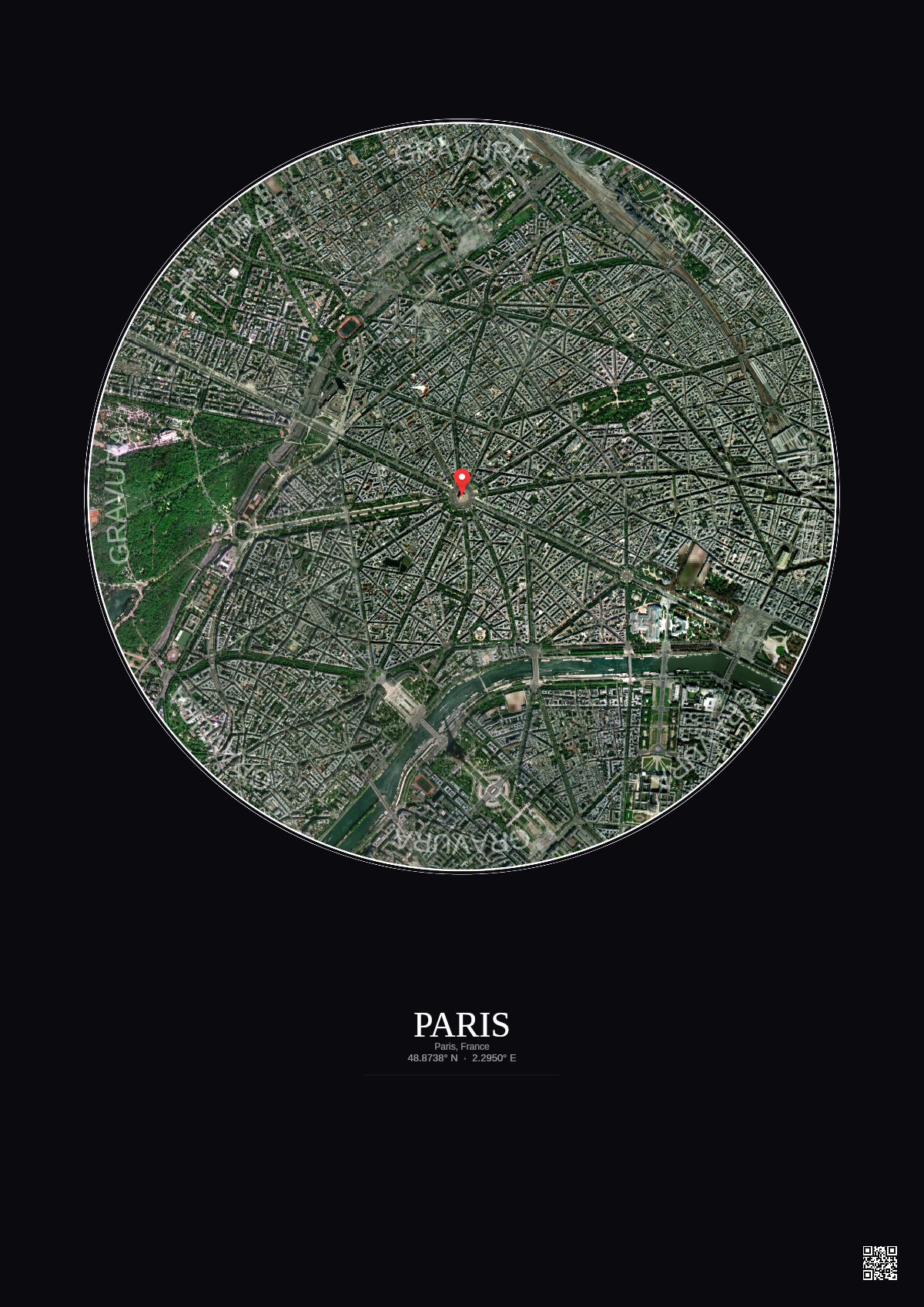 Affiche personnalisée Paris, France — Satellite 2.5 km · Couleur · Fond foncé | Gravura