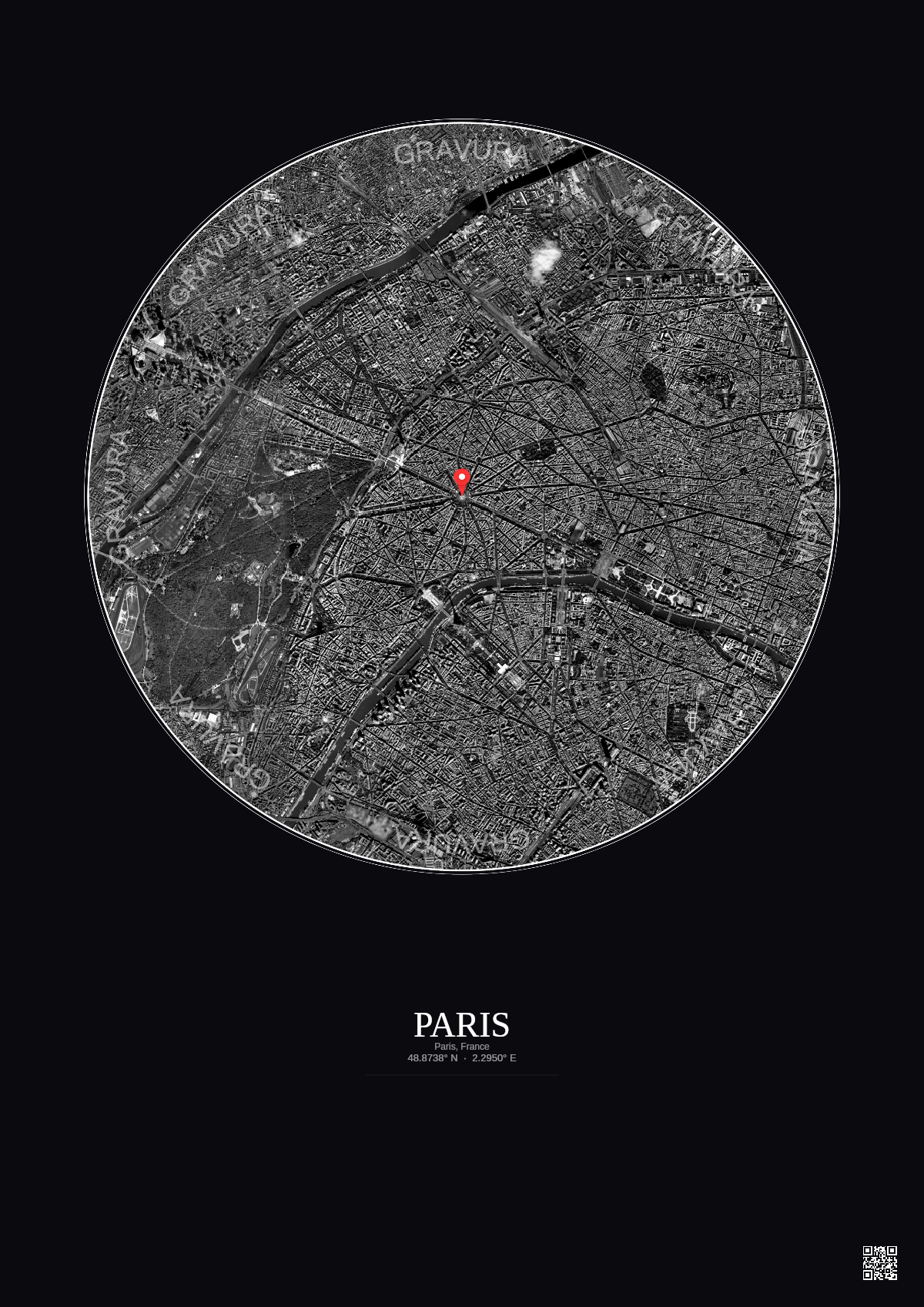Affiche personnalisée Paris, France — Satellite 5 km · N&B · Fond foncé | Gravura