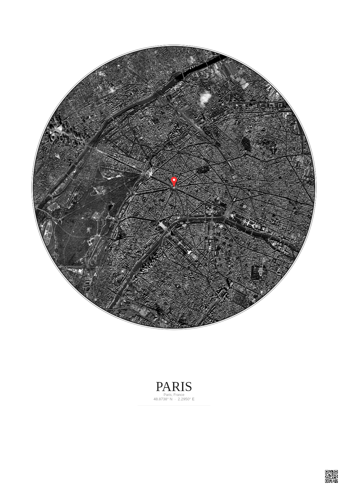 Affiche personnalisée Paris, France — Satellite 5 km · N&B · Fond clair | Gravura