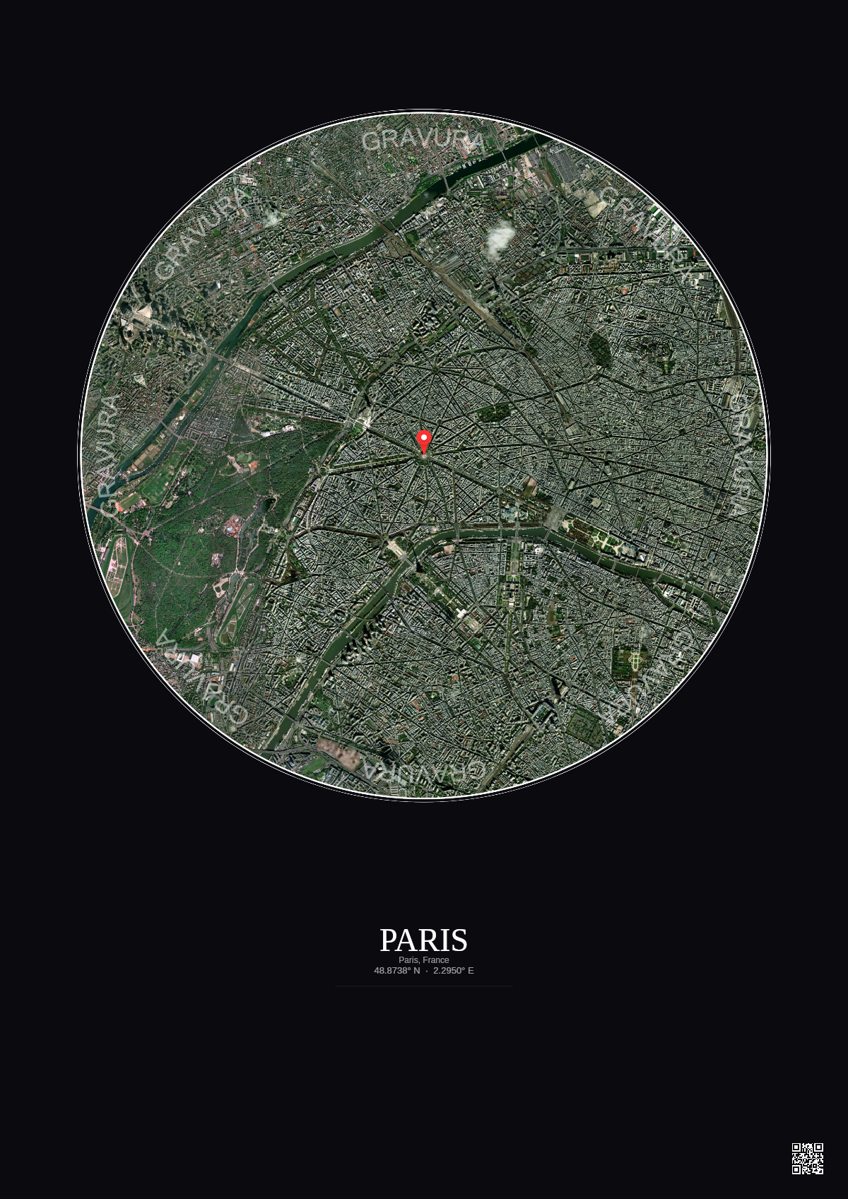 Affiche personnalisée Paris, France — Satellite 5 km · Couleur · Fond foncé | Gravura