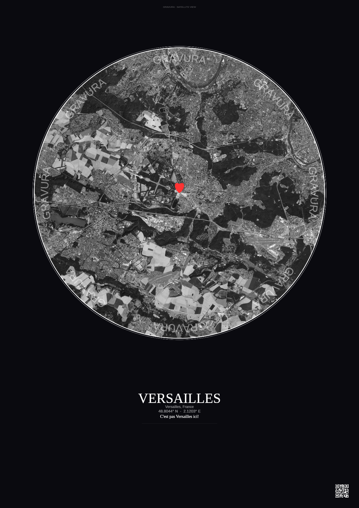 Affiche personnalisée Versailles, France — Satellite 10 km · N&B · Fond foncé | Gravura