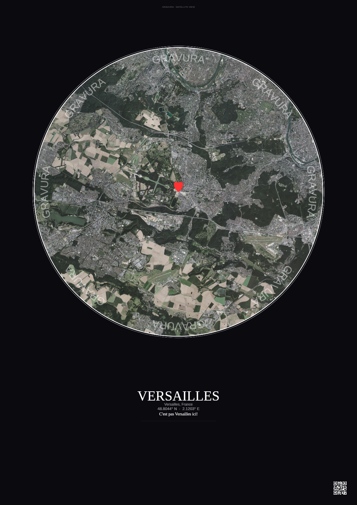 Affiche personnalisée Versailles, France — Satellite 10 km · Couleur · Fond foncé | Gravura
