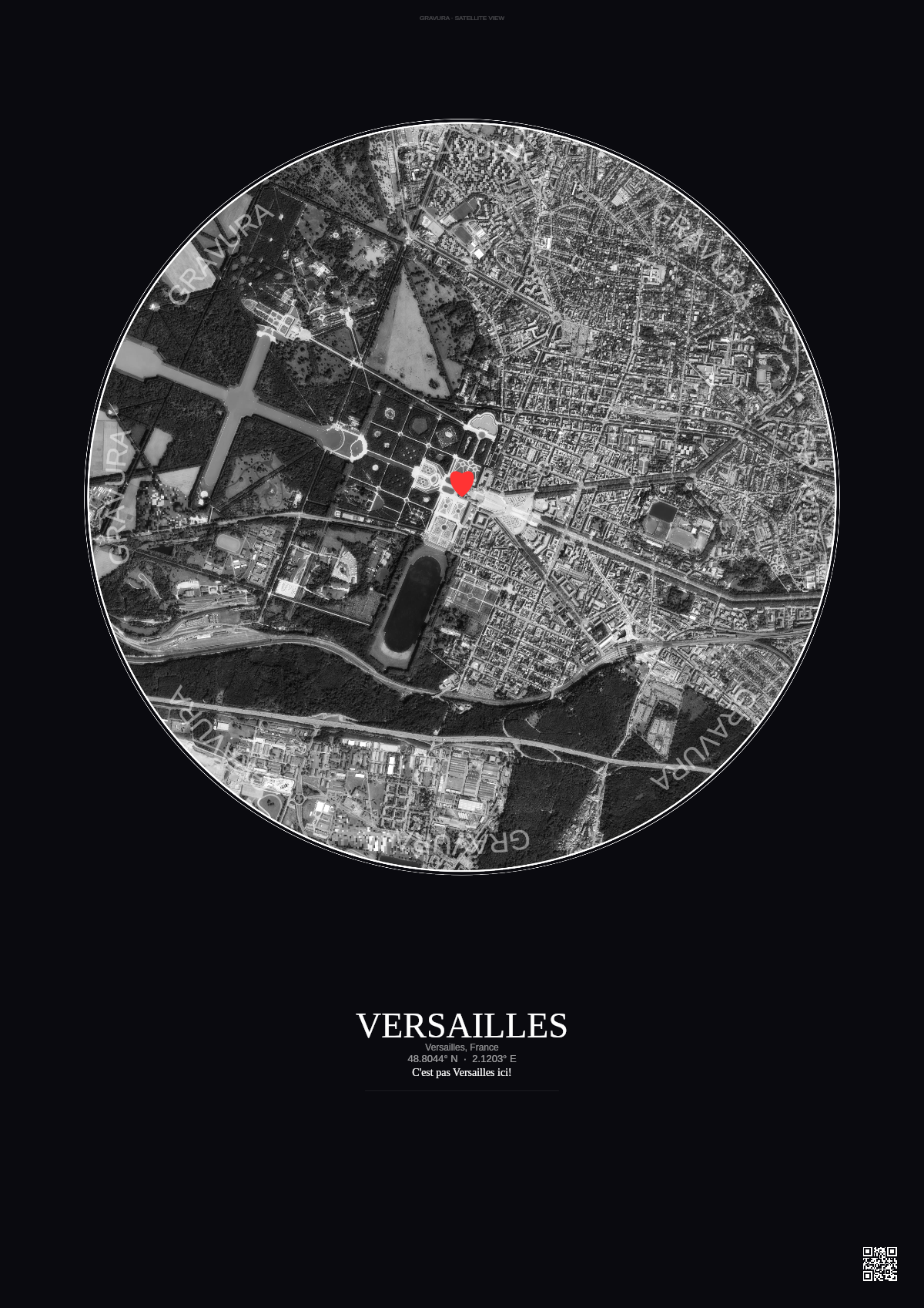 Affiche personnalisée Versailles, France — Satellite 2.5 km · N&B · Fond foncé | Gravura