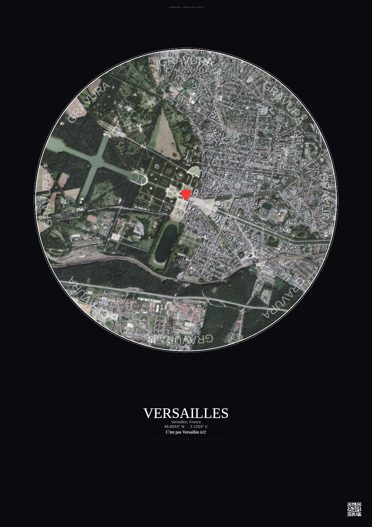 Affiche personnalisée Versailles, France — Satellite 2.5 km · Couleur · Fond foncé | Gravura