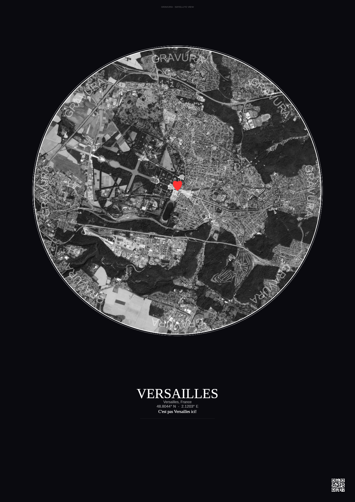 Affiche personnalisée Versailles, France — Satellite 5 km · N&B · Fond foncé | Gravura