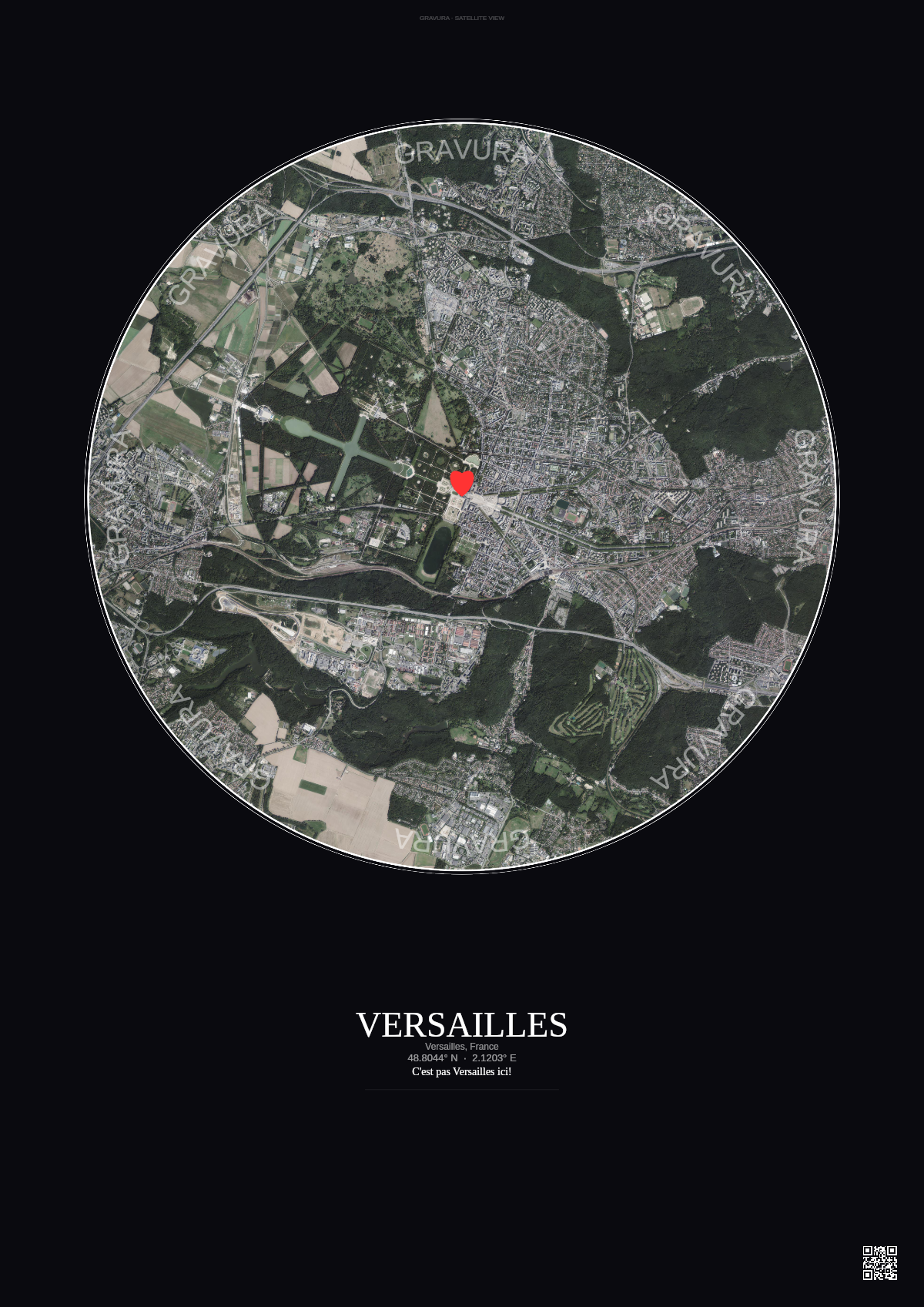 Affiche personnalisée Versailles, France — Satellite 5 km · Couleur · Fond foncé | Gravura