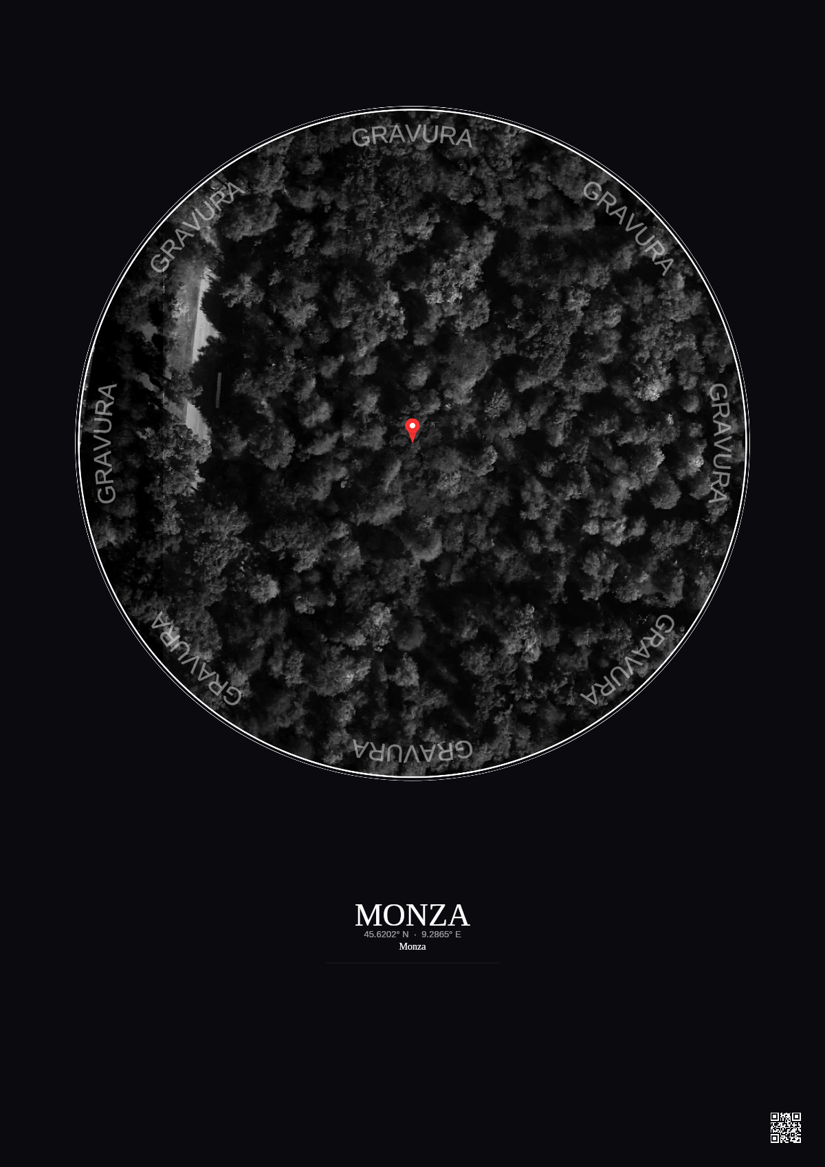 Affiche personnalisée Monza — Satellite 0.1 km · N&B · Fond foncé | Gravura