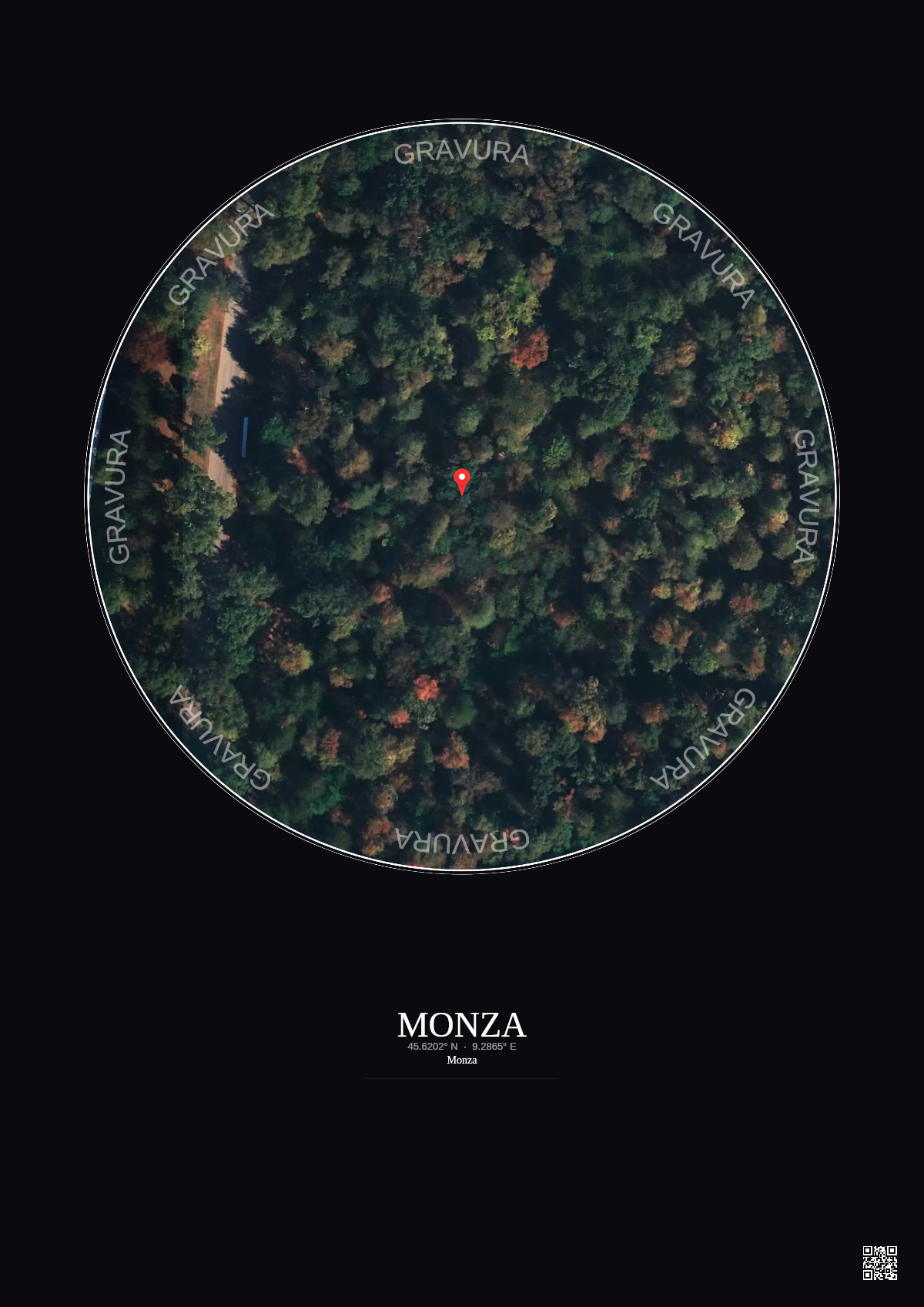 Affiche personnalisée Monza — Satellite 0.1 km · Couleur · Fond foncé | Gravura