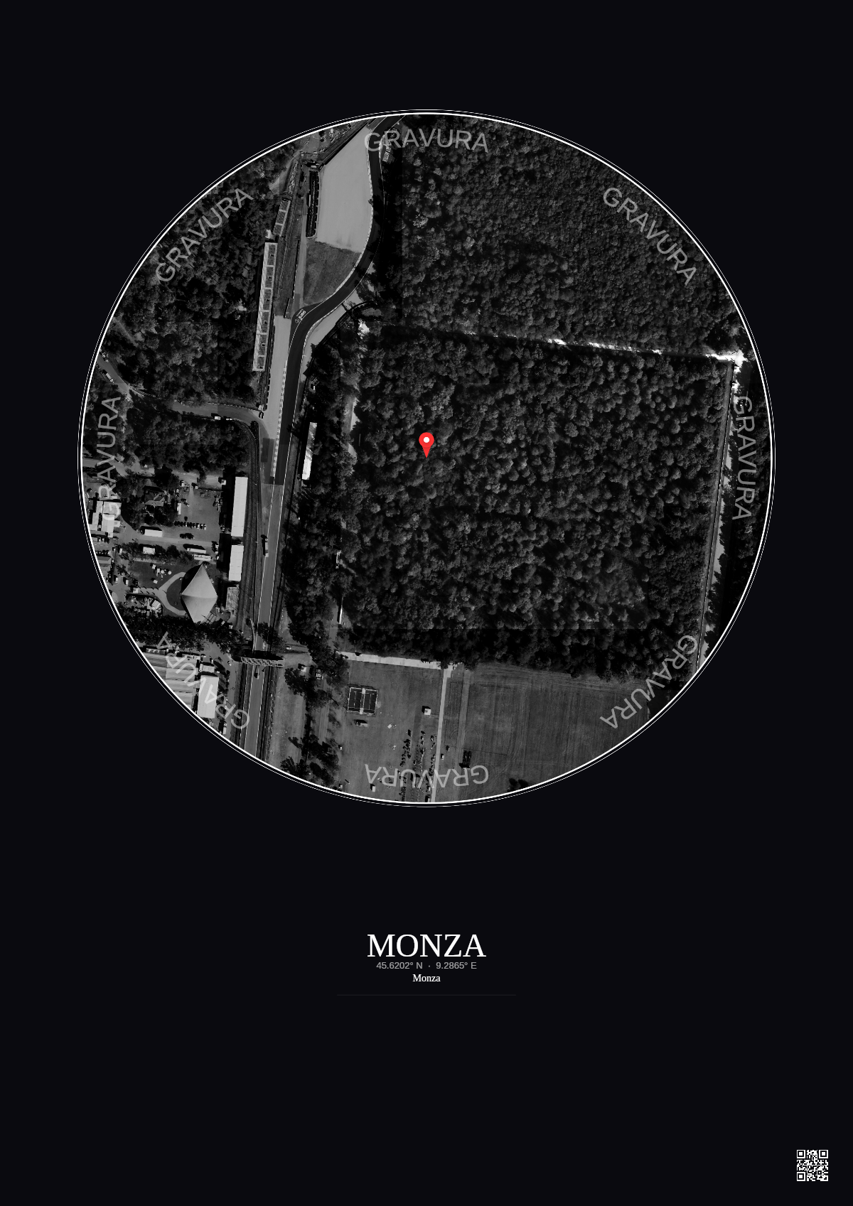 Affiche personnalisée Monza — Satellite 0.3 km · N&B · Fond foncé | Gravura