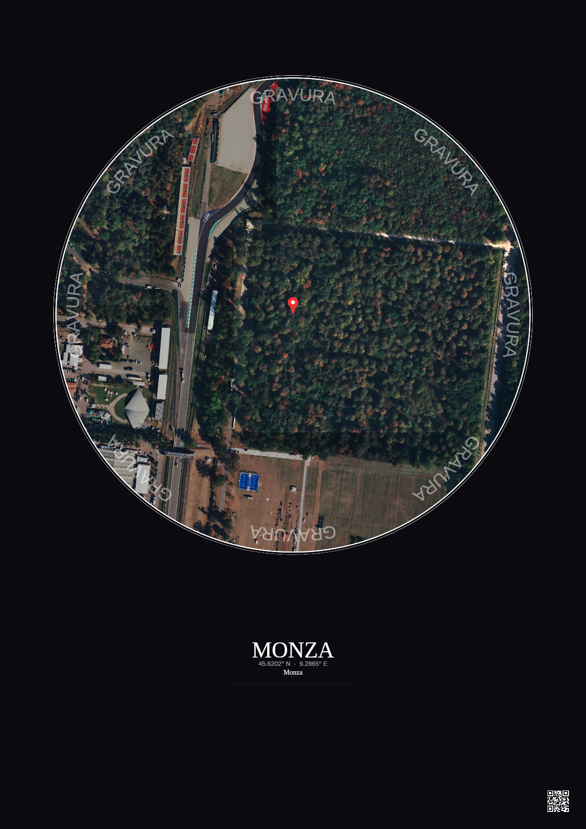Affiche personnalisée Monza — Satellite 0.3 km · Couleur · Fond foncé | Gravura