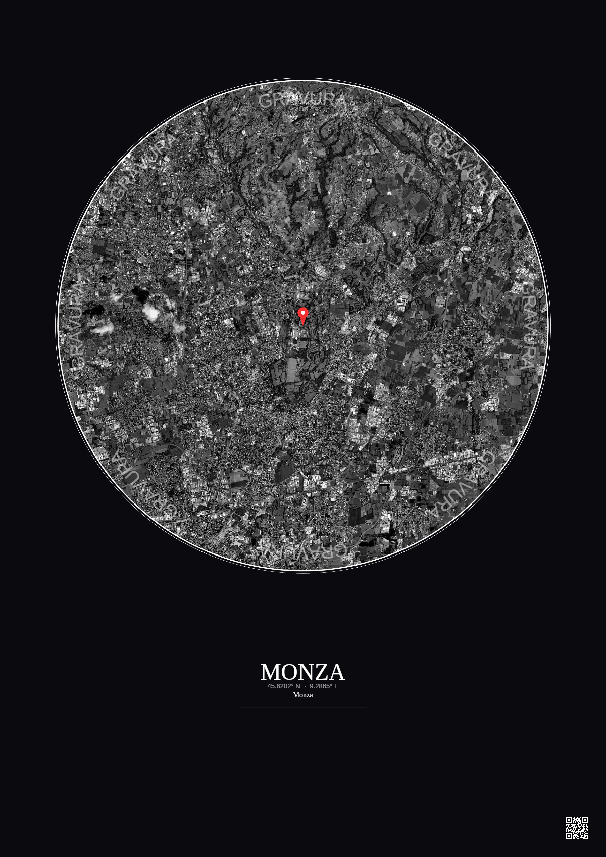Affiche personnalisée Monza — Satellite 10 km · N&B · Fond foncé | Gravura
