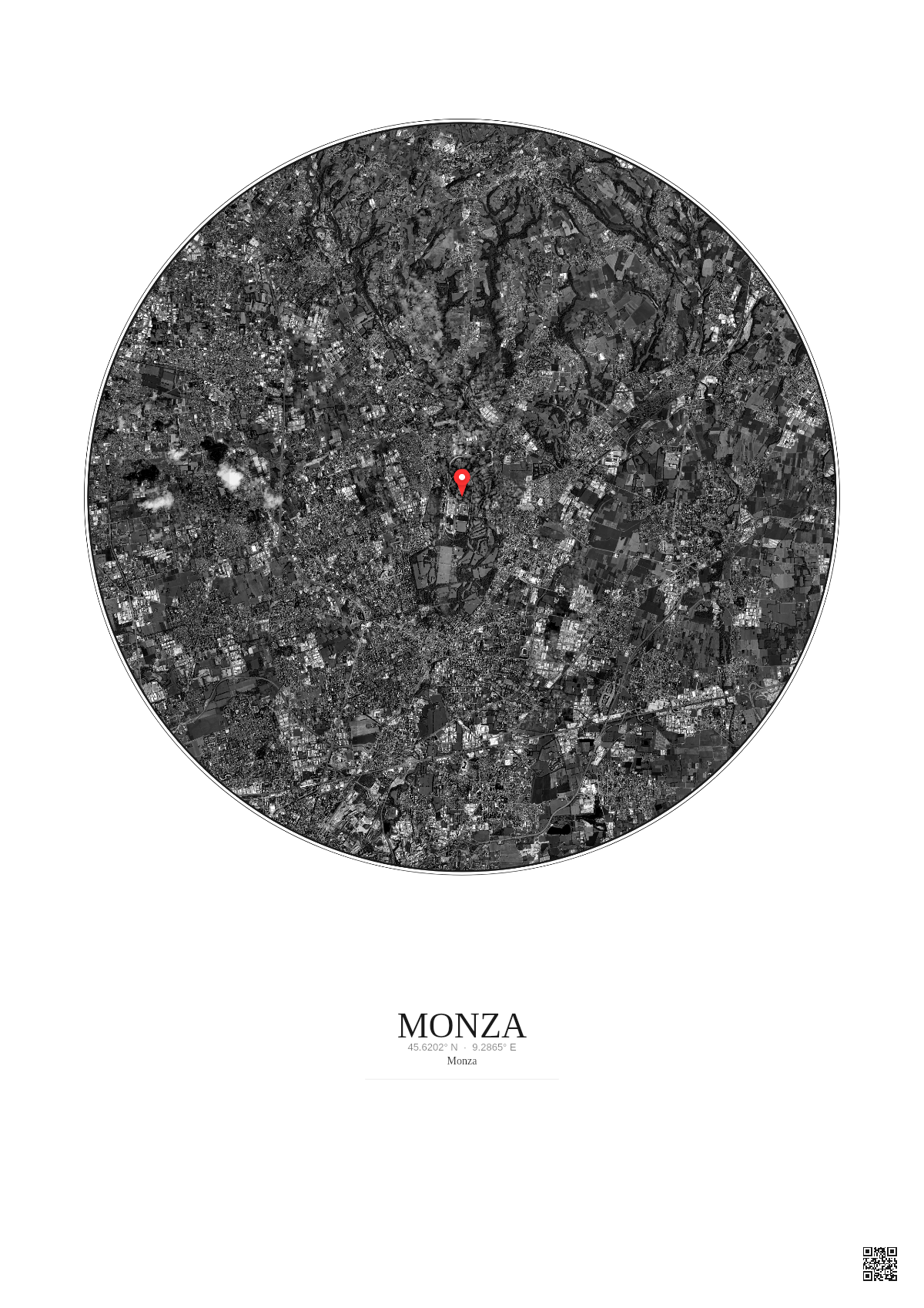 Affiche personnalisée Monza — Satellite 10 km · N&B · Fond clair | Gravura