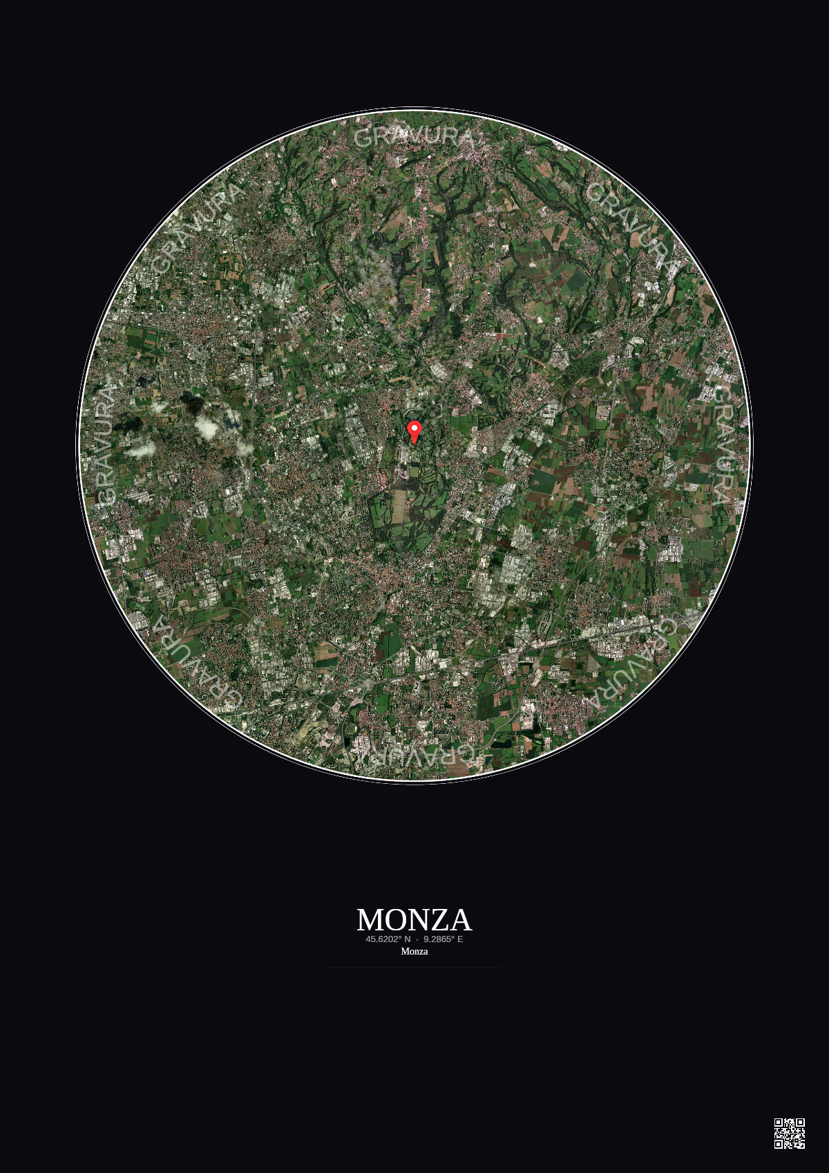 Affiche personnalisée Monza — Satellite 10 km · Couleur · Fond foncé | Gravura