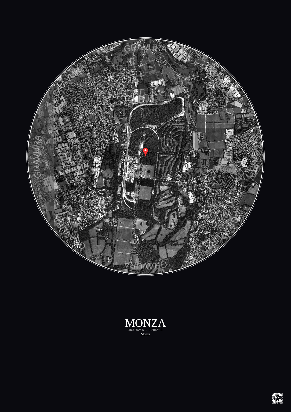 Affiche personnalisée Monza — Satellite 2.5 km · N&B · Fond foncé | Gravura