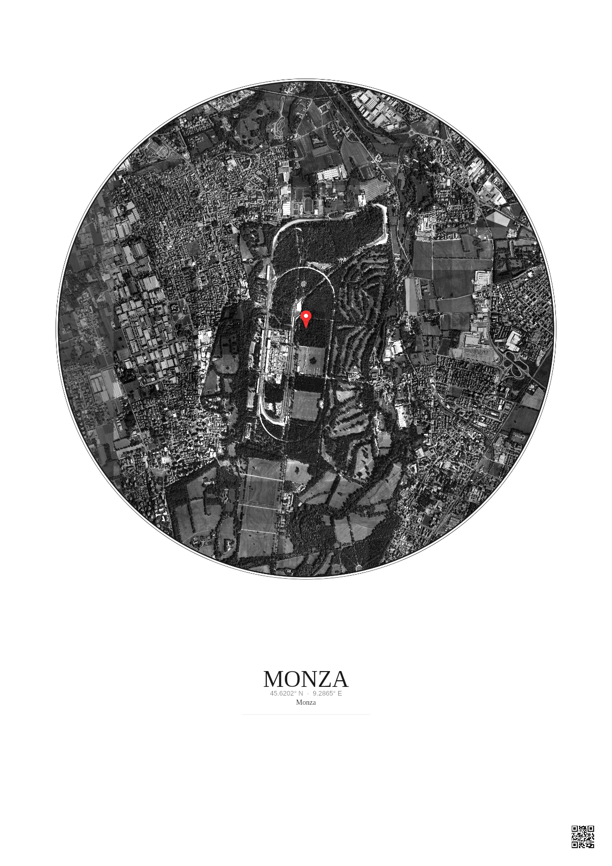 Affiche personnalisée Monza — Satellite 2.5 km · N&B · Fond clair | Gravura