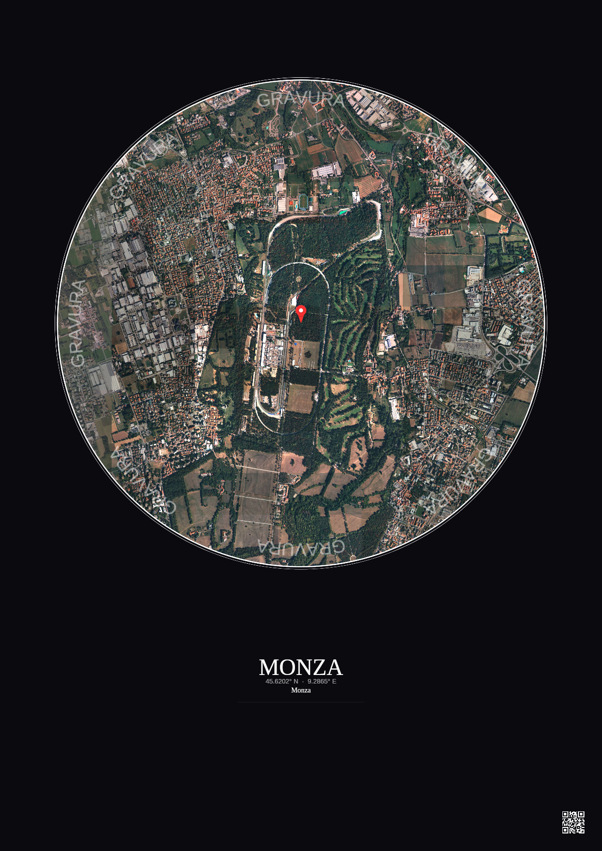 Affiche personnalisée Monza — Satellite 2.5 km · Couleur · Fond foncé | Gravura